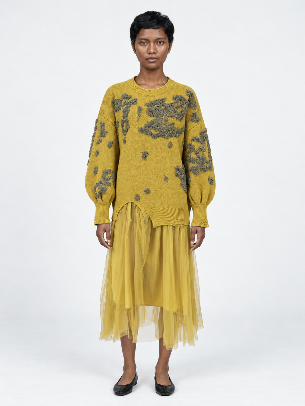 Patterned Knit Mesh-Hem Dress