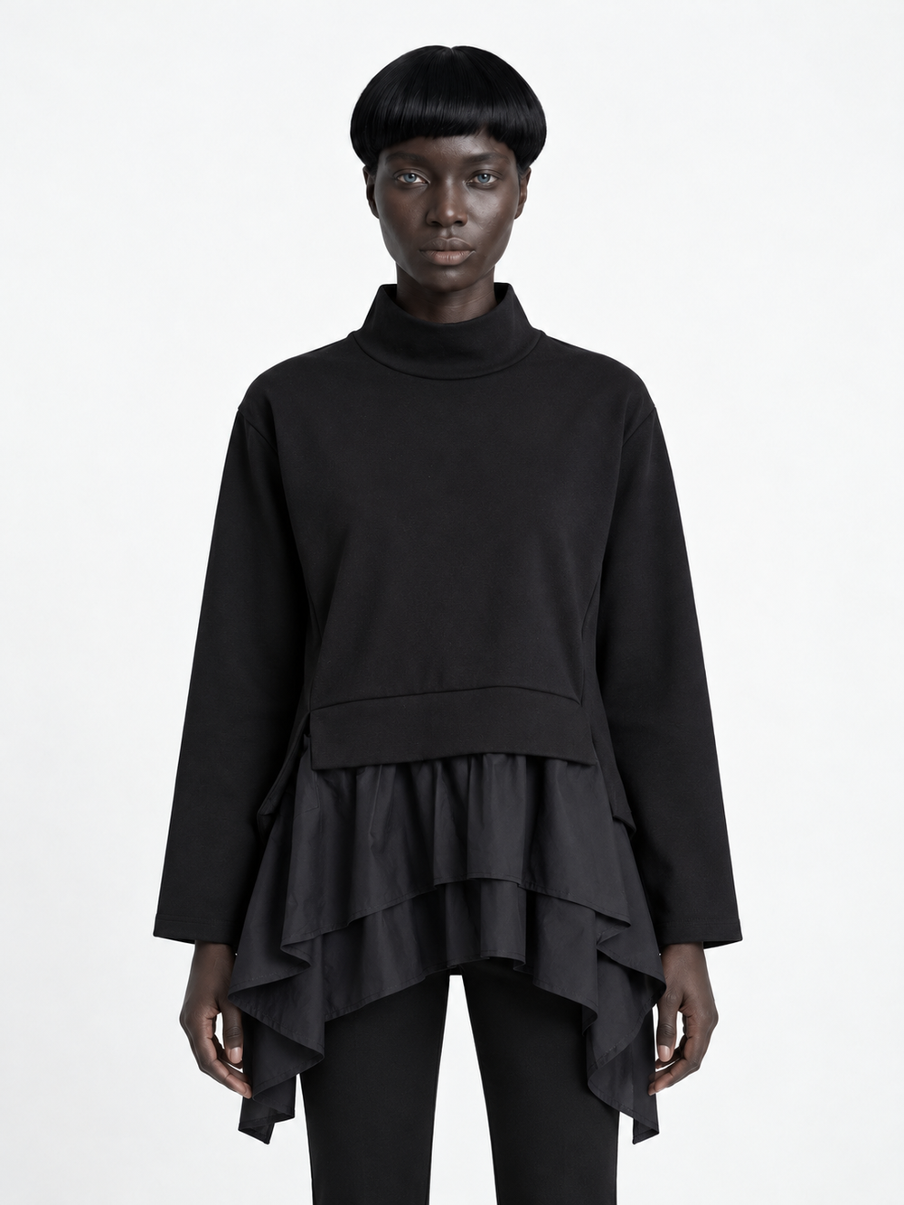 Ruffle-Hem High-Neck Sweatshirt