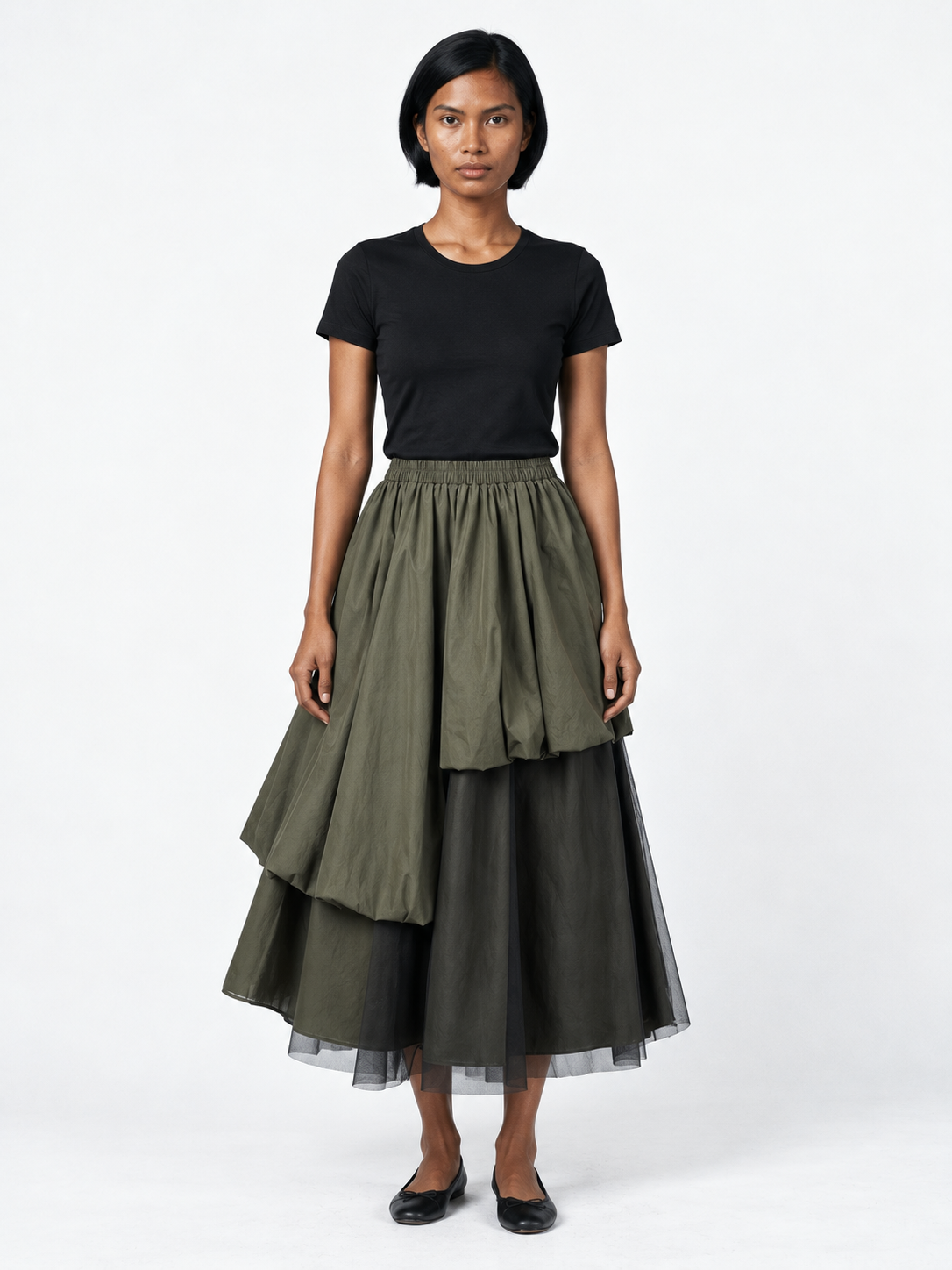 Asymmetric Layered Midi Skirt · model-front