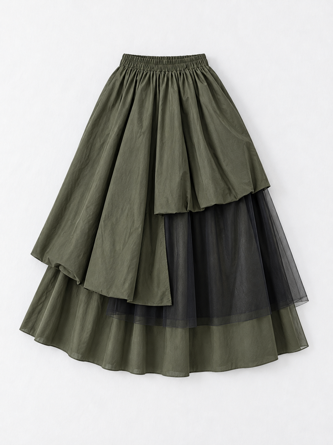 Asymmetric Layered Midi Skirt · flat-front