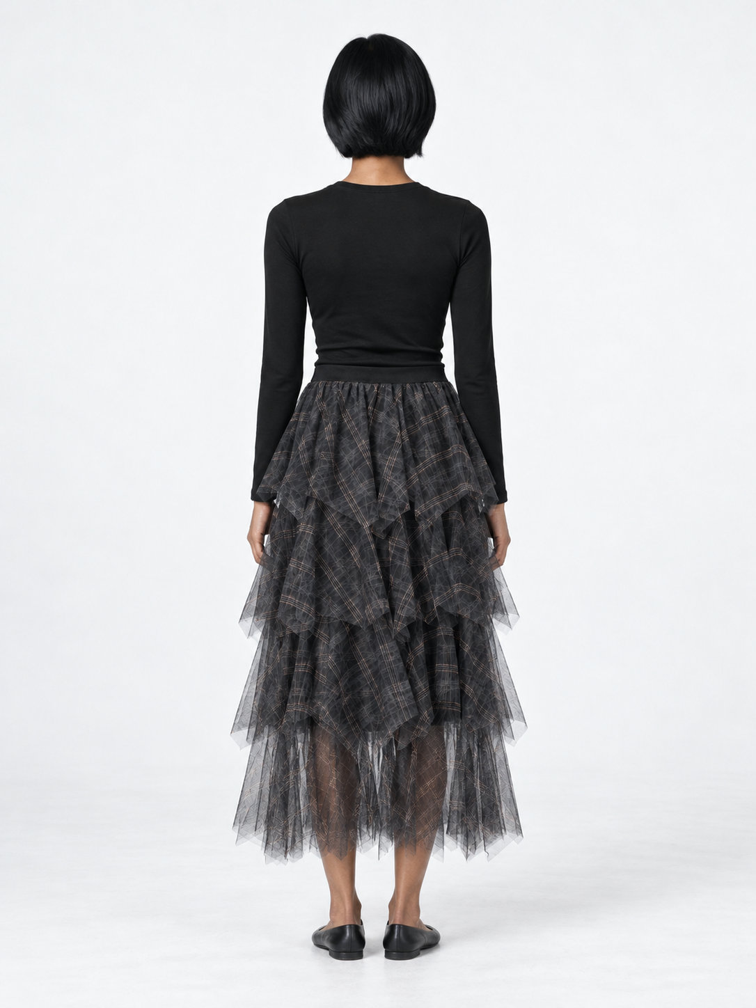 Plaid Tiered Mesh Skirt · model-back