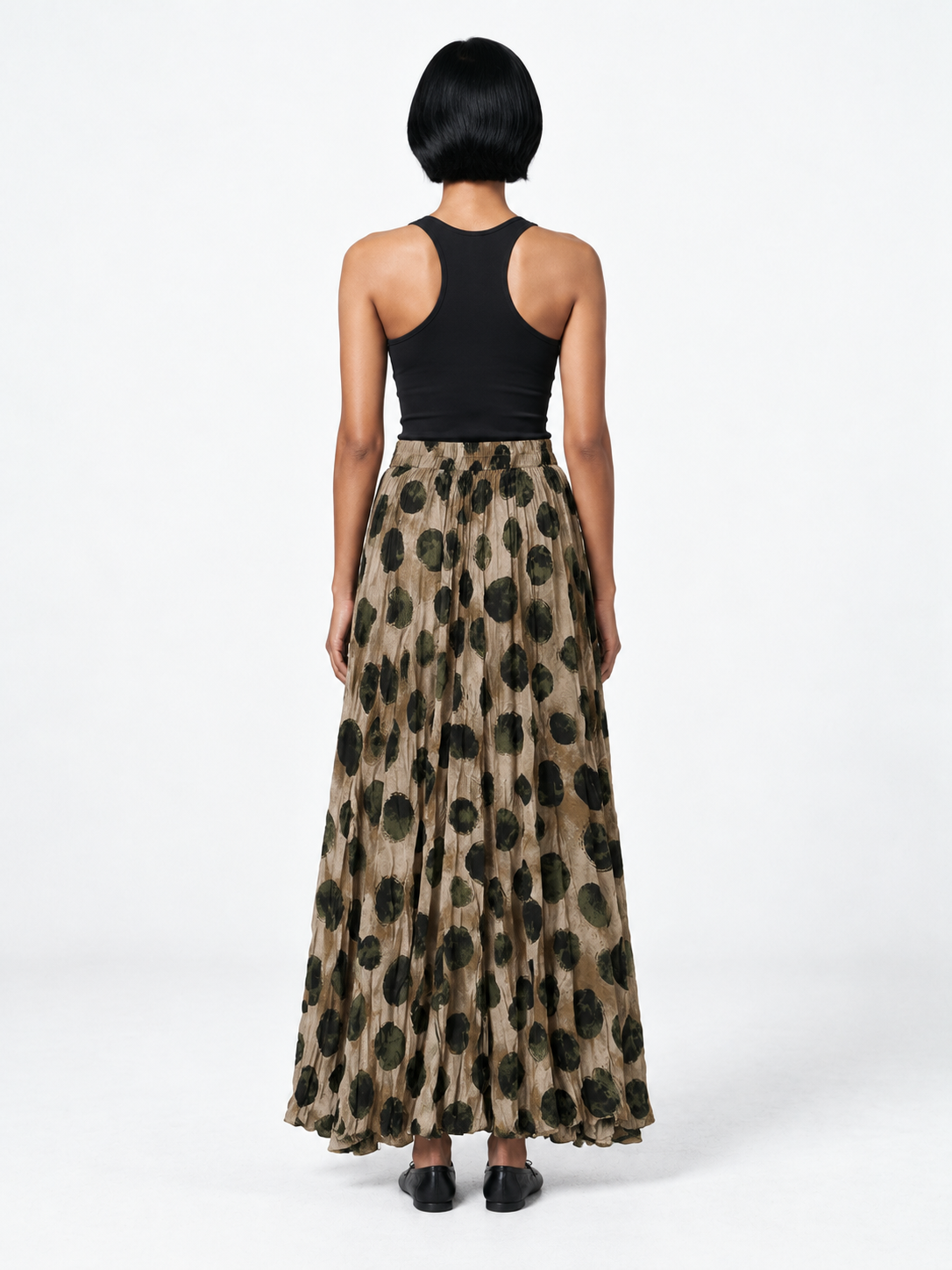 Dot-Print Pleated Maxi Skirt · model-back