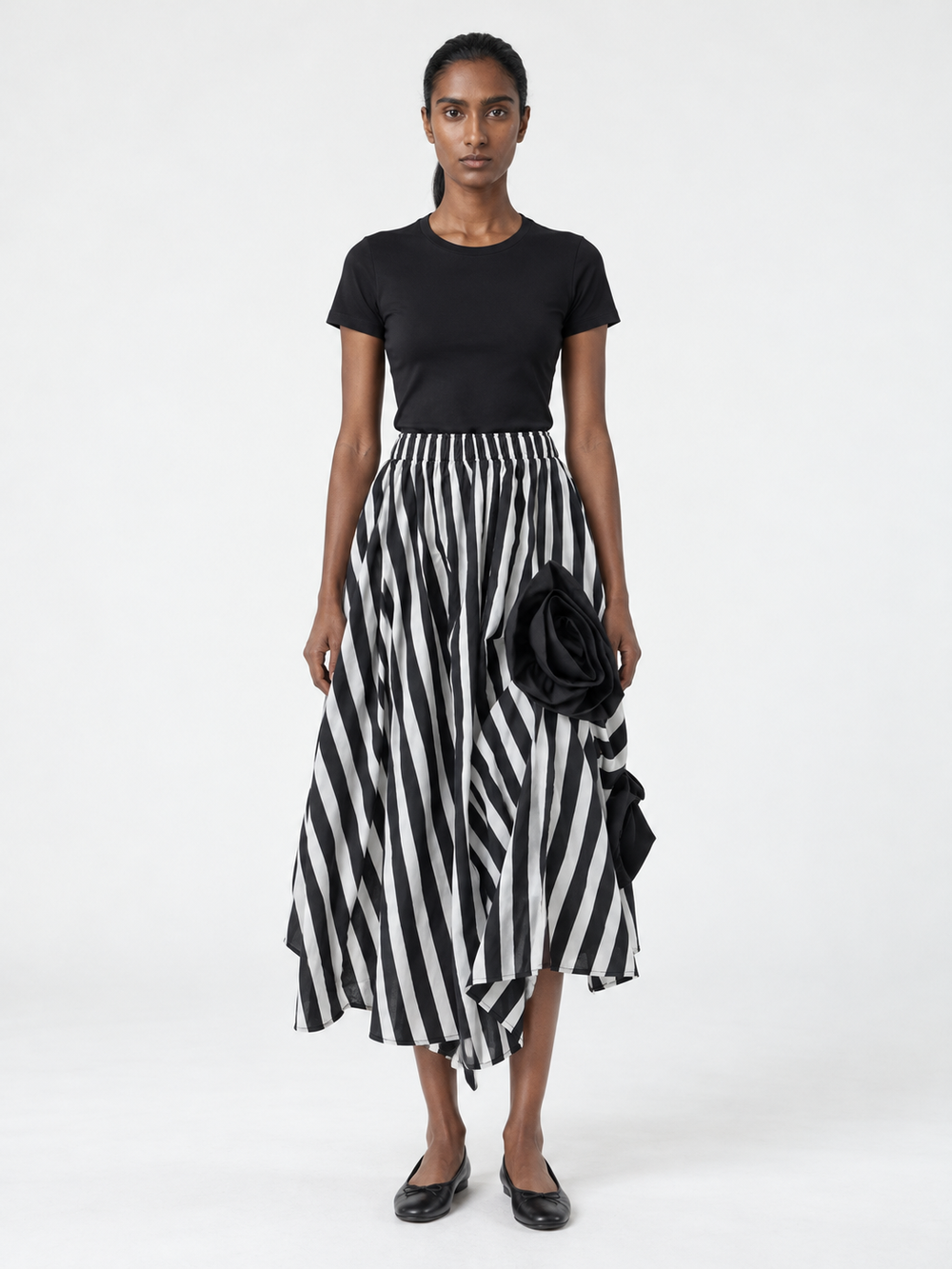 Stripe Rosette Midi Skirt