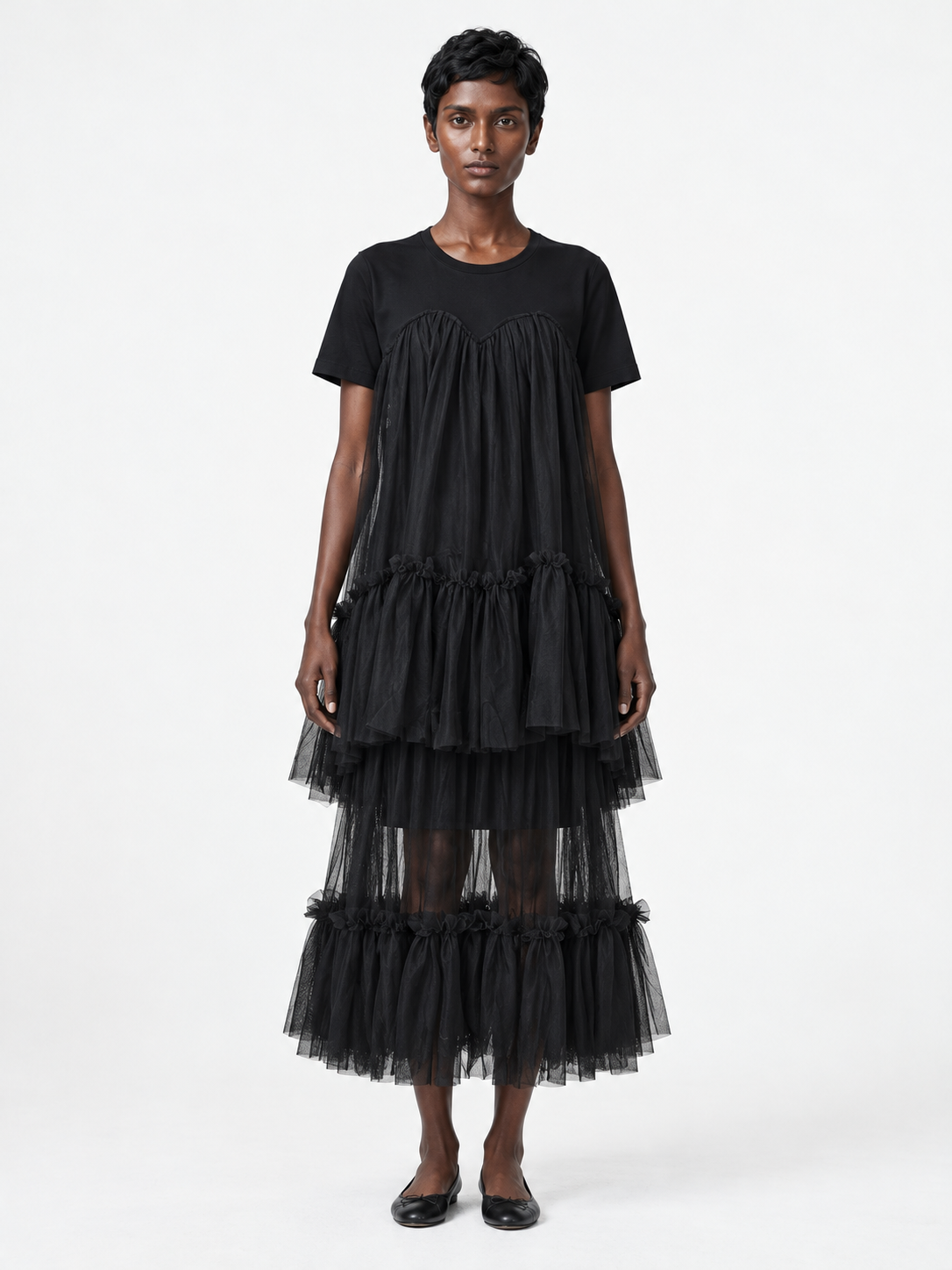 Tiered Mesh T-Shirt Dress · model-front