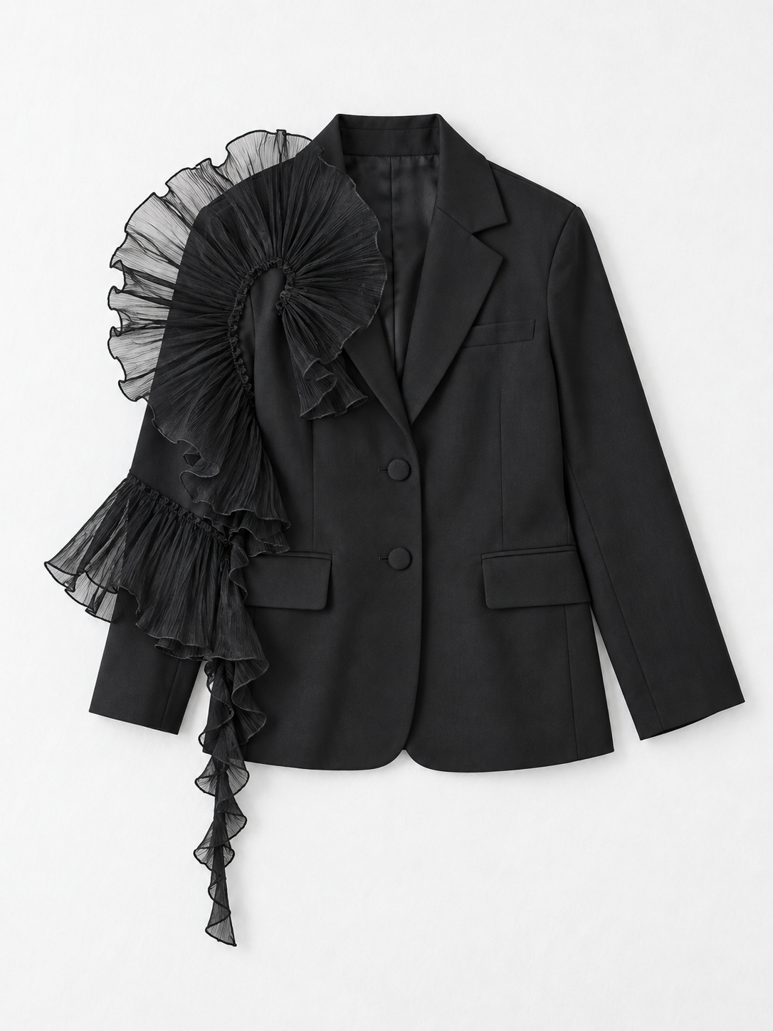 Organza Ruffle Blazer · flat-front