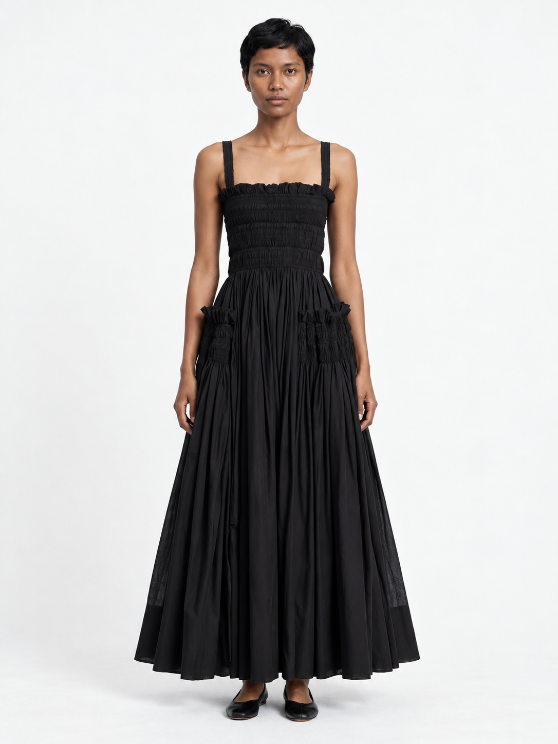Open-Back Gathered Maxi Dress · model-front
