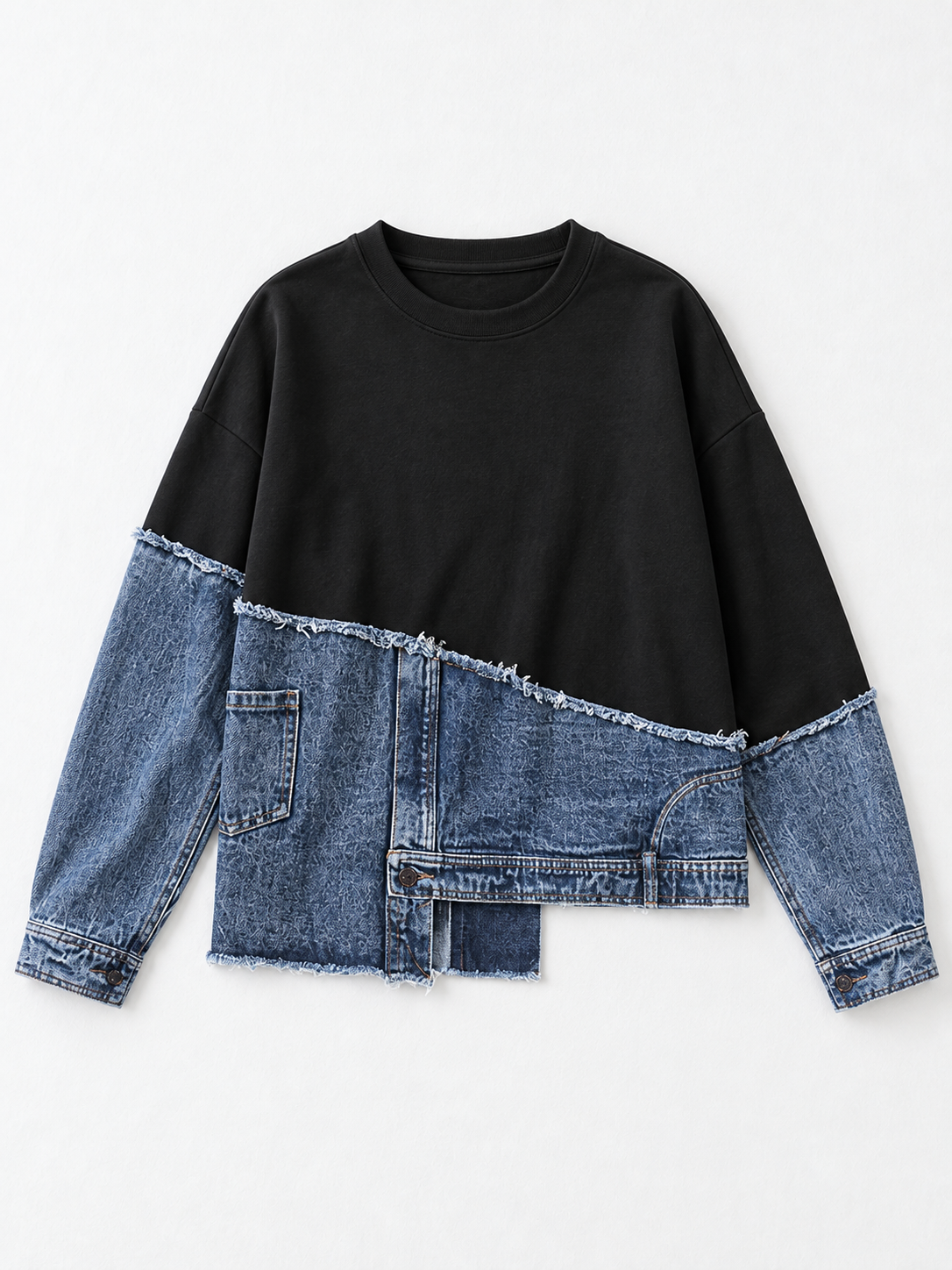 Denim-Panel Sweatshirt · flat-front