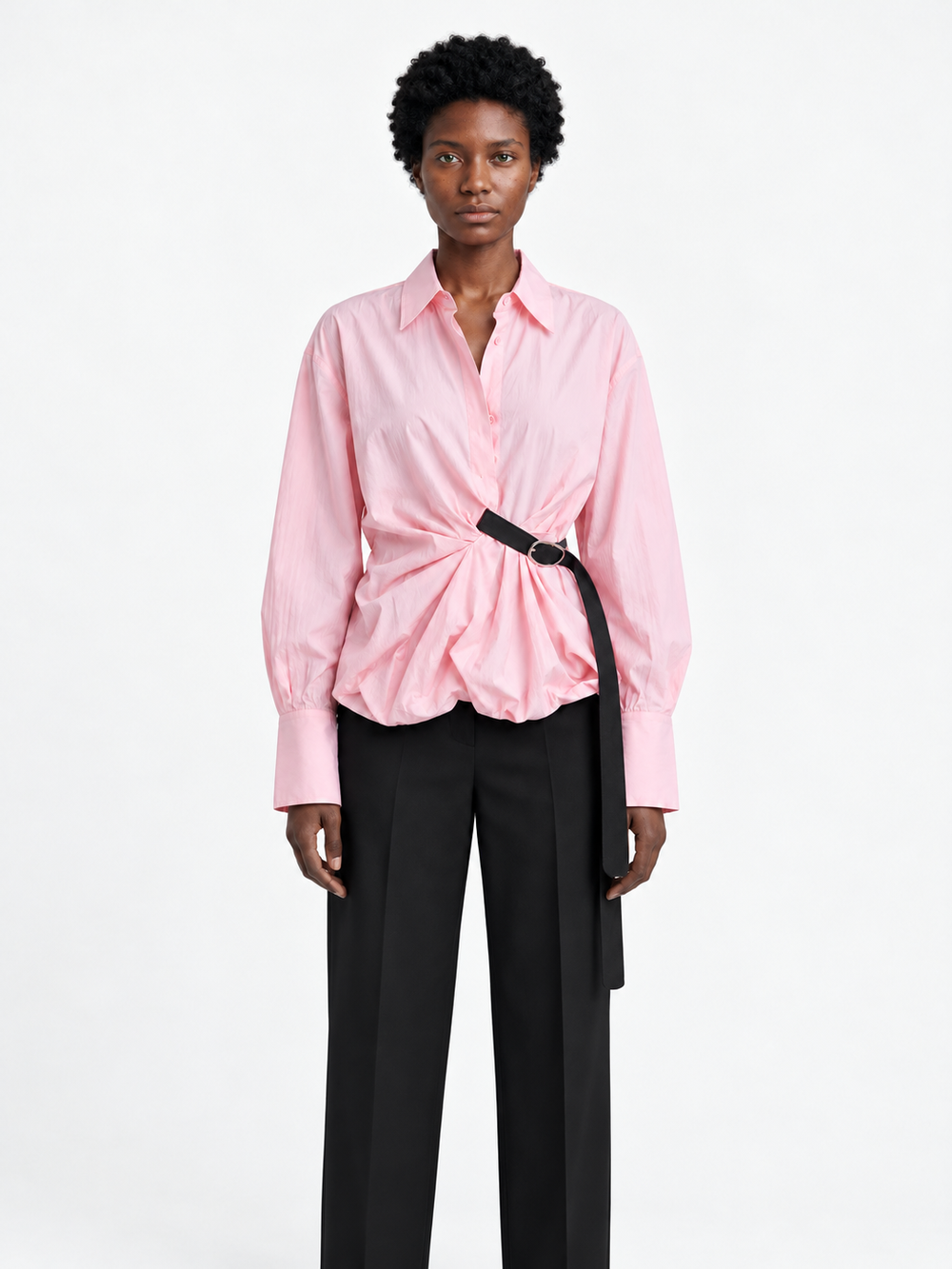 Belted Balloon-Hem Shirt