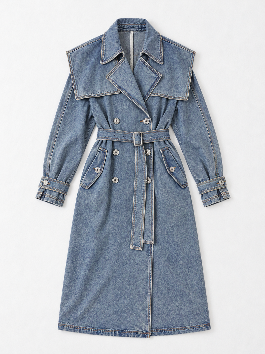 Cape-Yoke Denim Trench · flat-front
