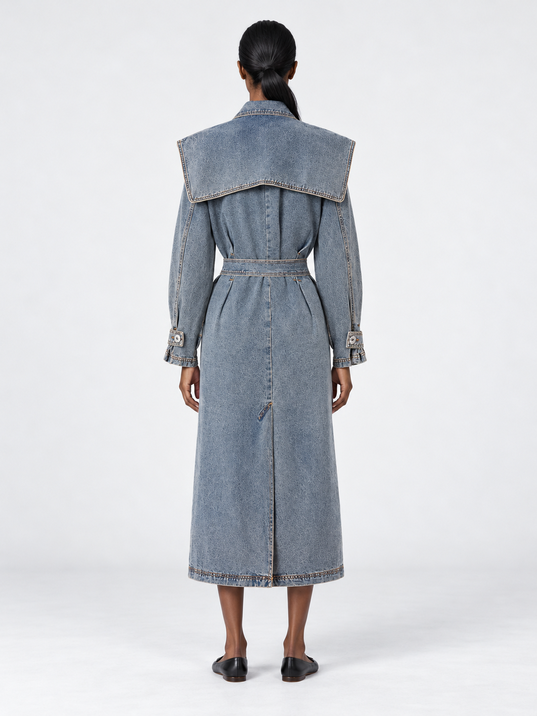 Cape-Yoke Denim Trench · model-back