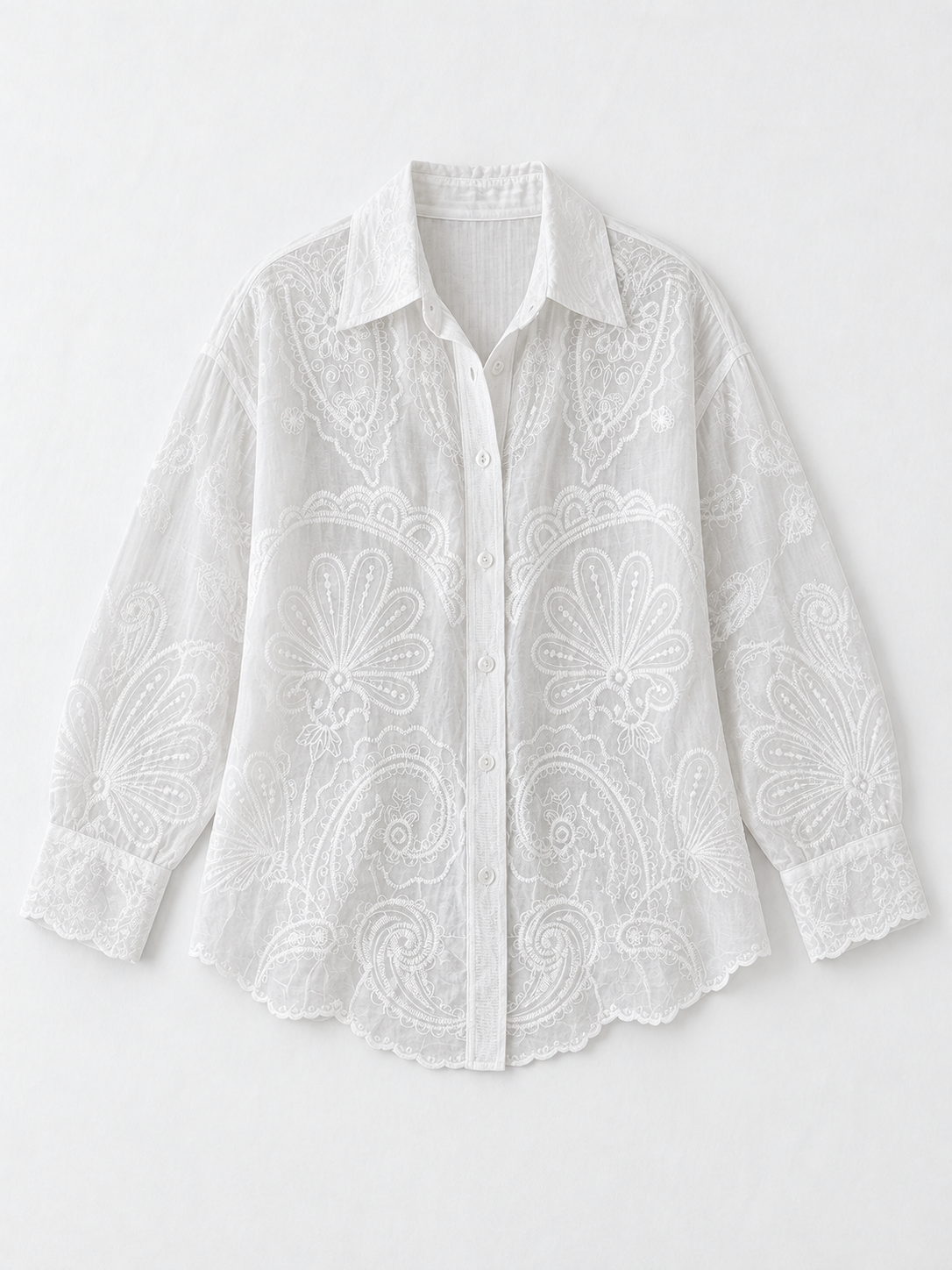 Embroidered Scallop-Hem Shirt · flat-front