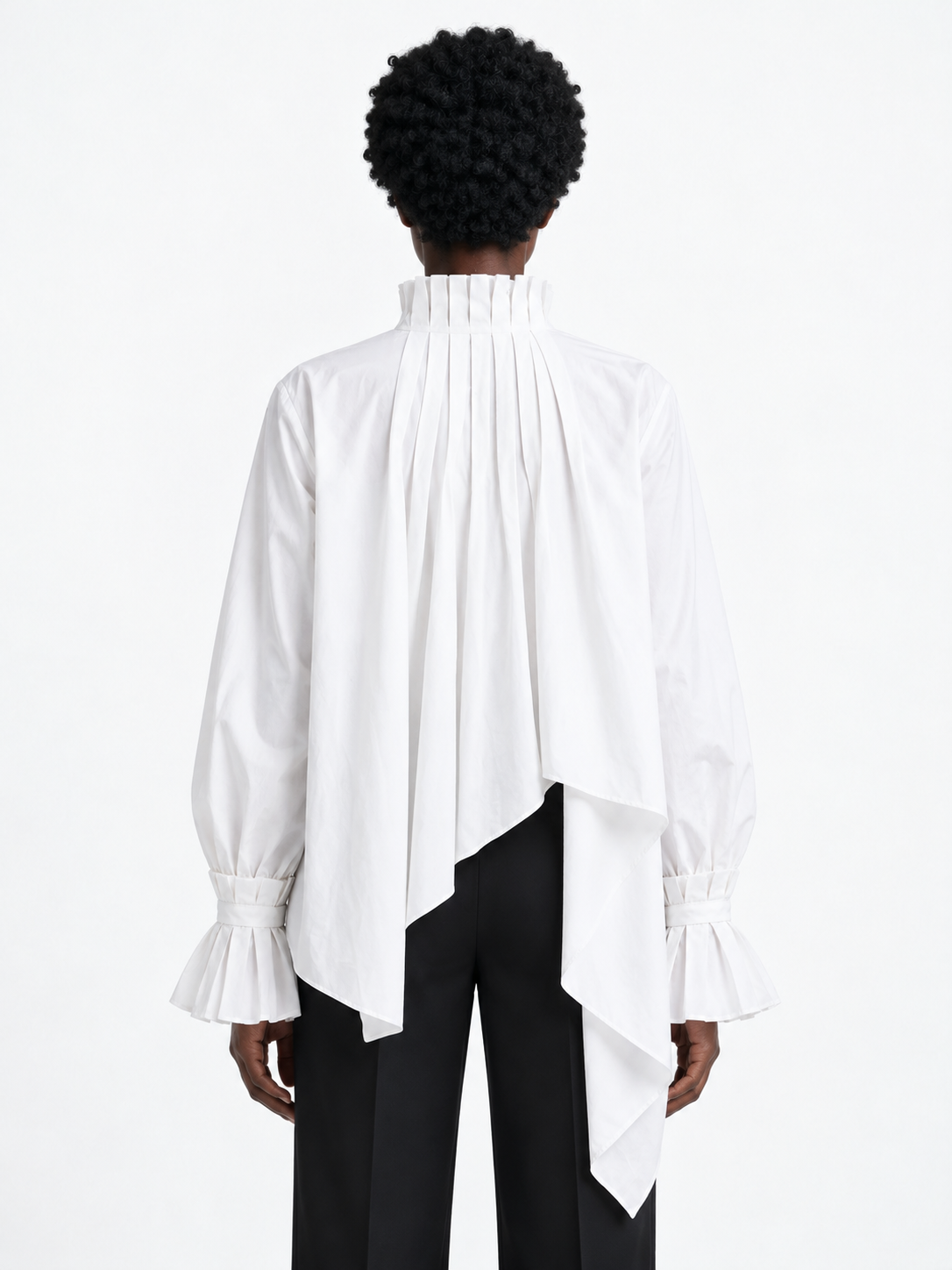 Pleated High-Low Ruffle Shirt · model-back