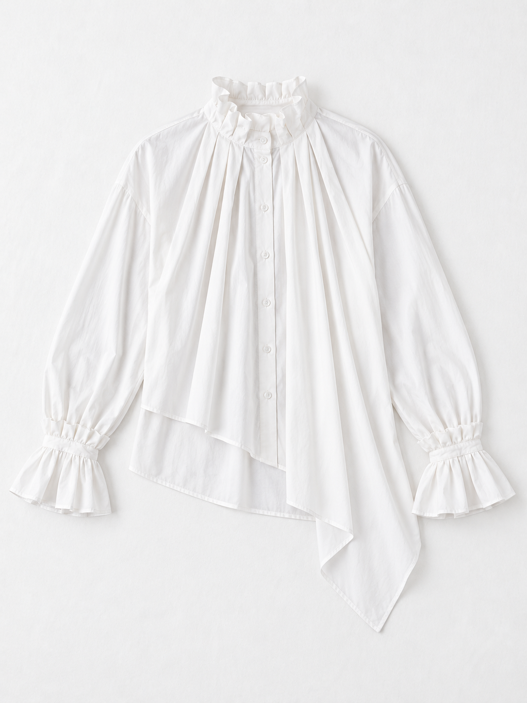 Pleated High-Low Ruffle Shirt · flat-front