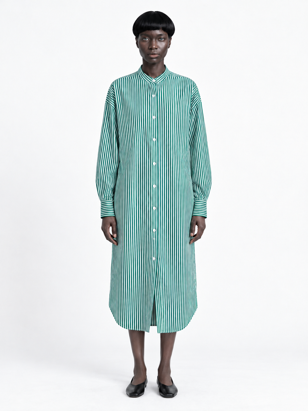 Narrow-Stripe Long Shirt Dress