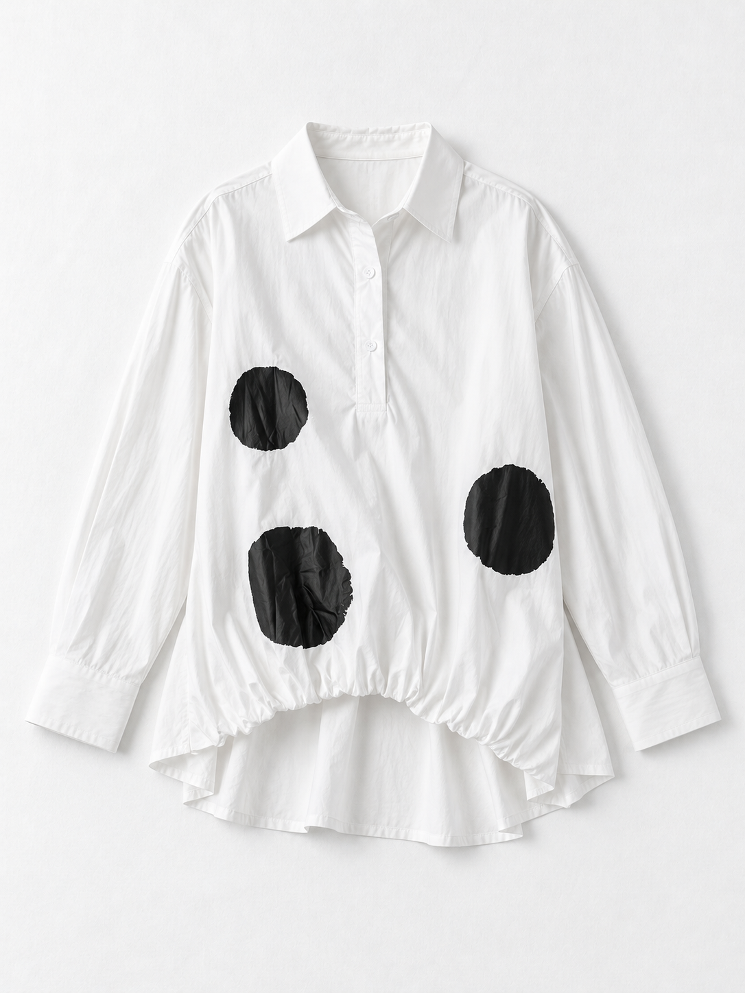 Large-Dot Ruffle-Hem Shirt · flat-front