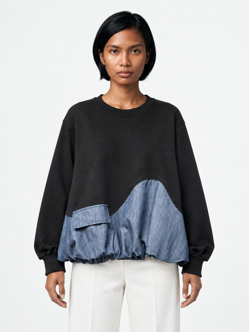 Pocket Denim-Hem Sweatshirt