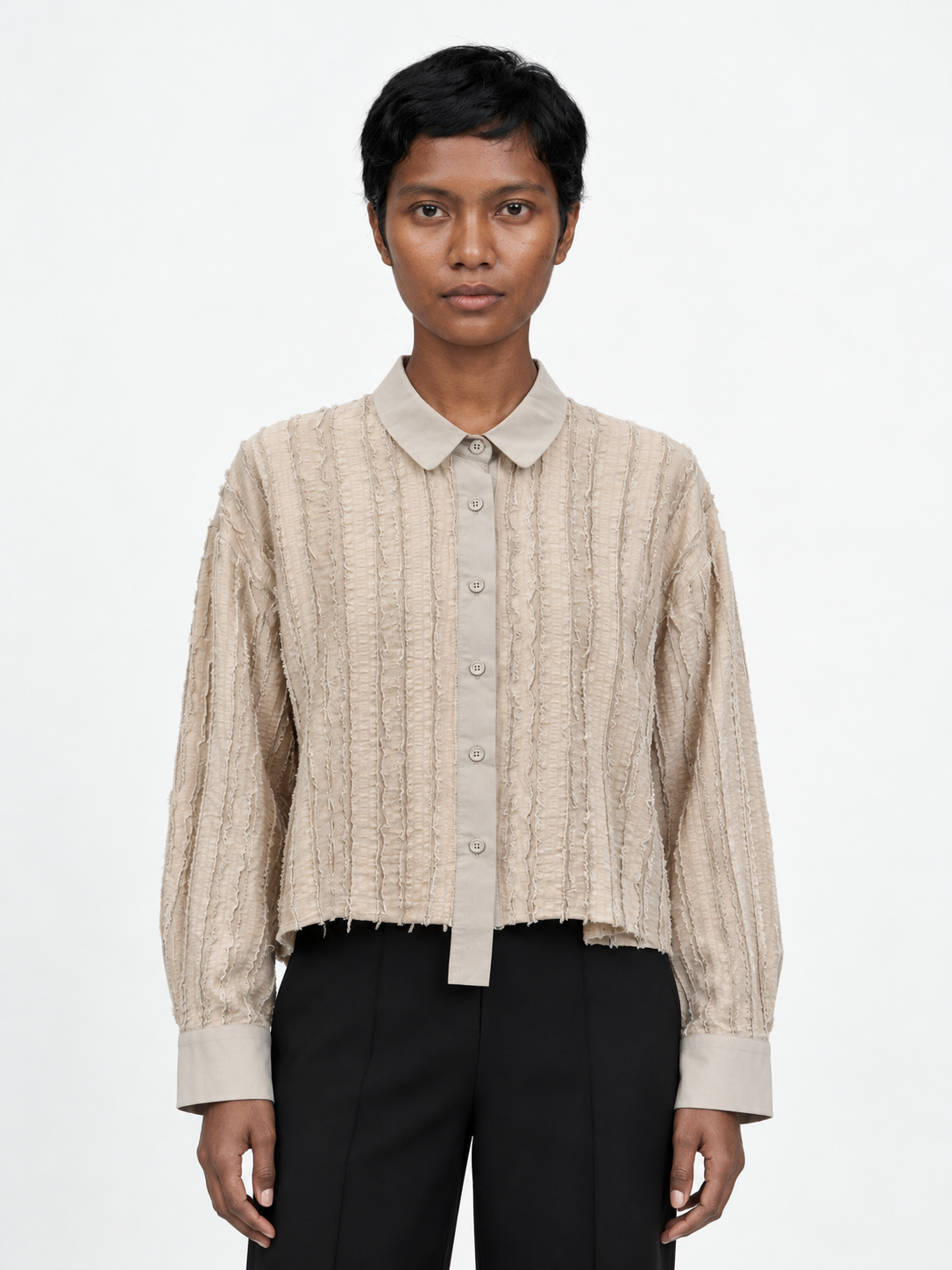 Textured Stripe Cropped Shirt · model-front