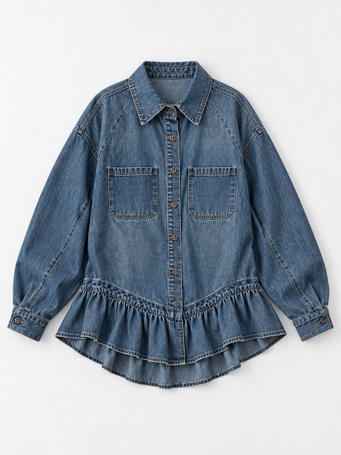 Ruffle-Hem Denim Shirt Jacket · flat-front