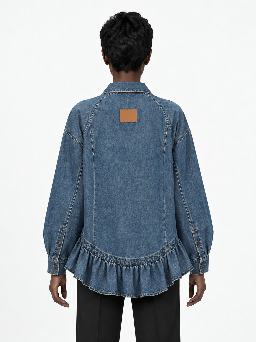 Ruffle-Hem Denim Shirt Jacket · model-back
