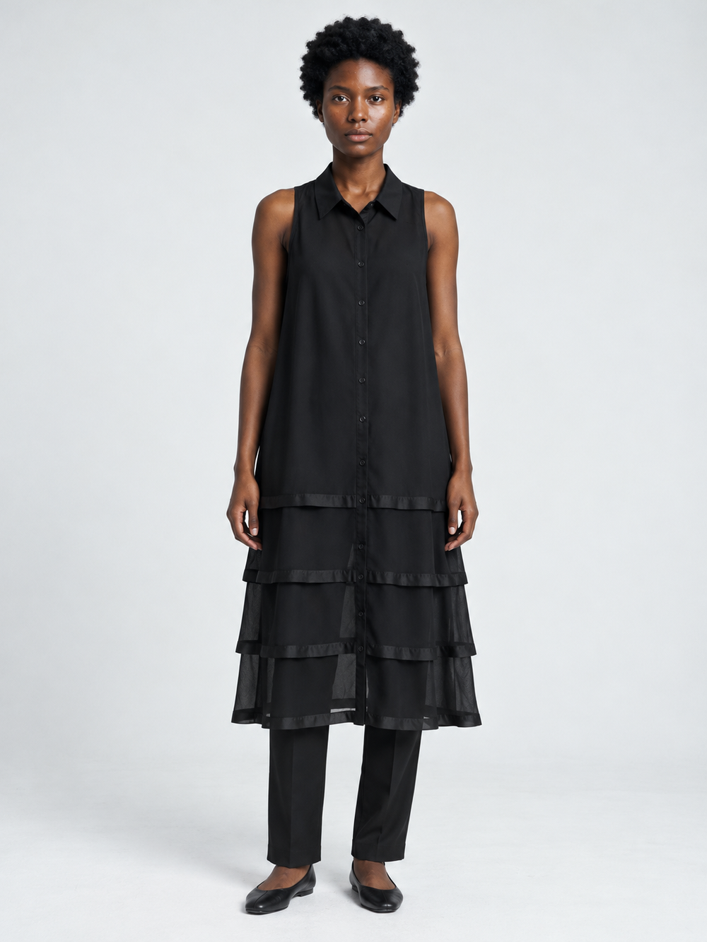 Tiered Mesh Sleeveless Shirt Dress