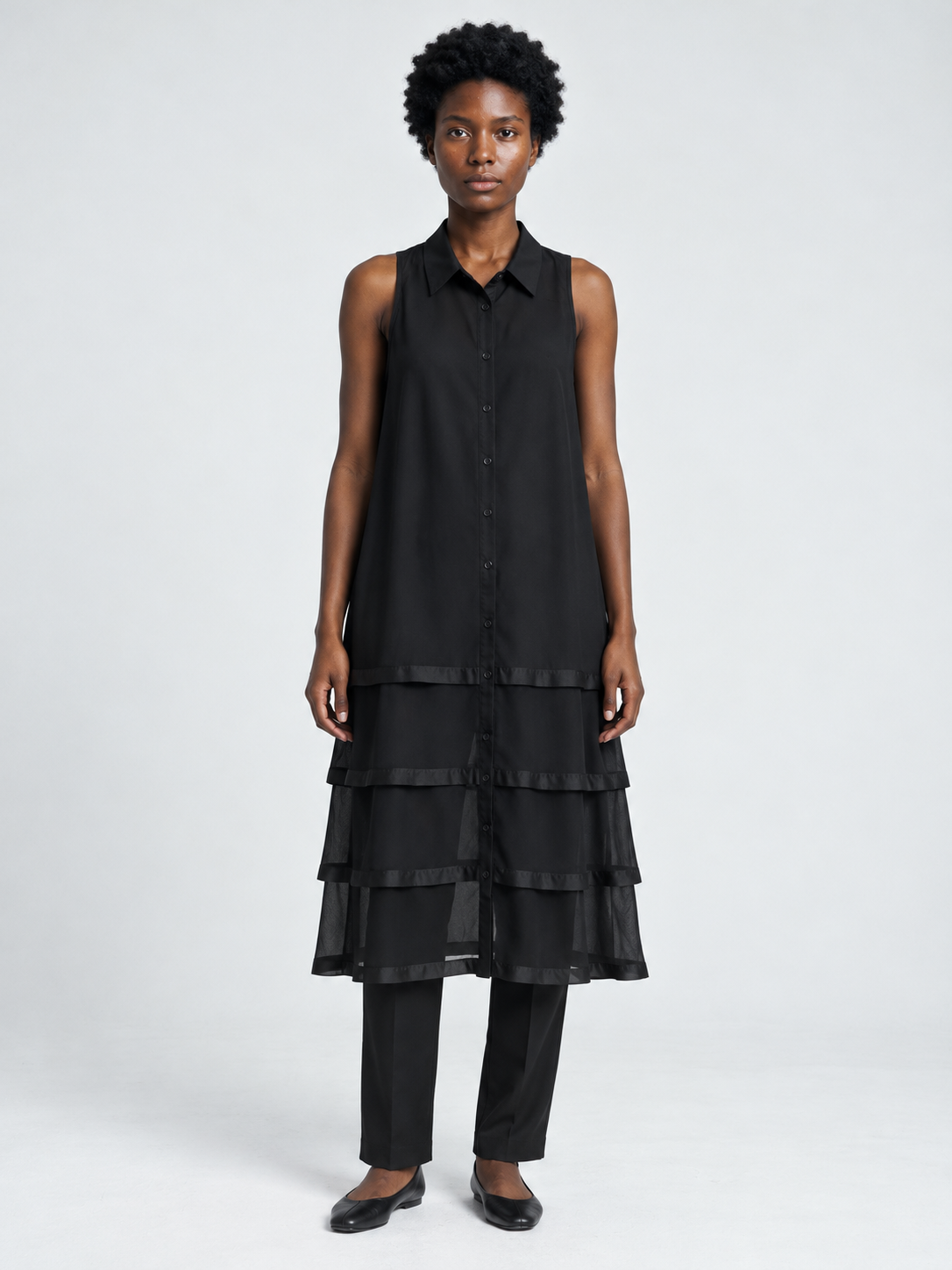 Tiered Mesh Sleeveless Shirt Dress · model-front