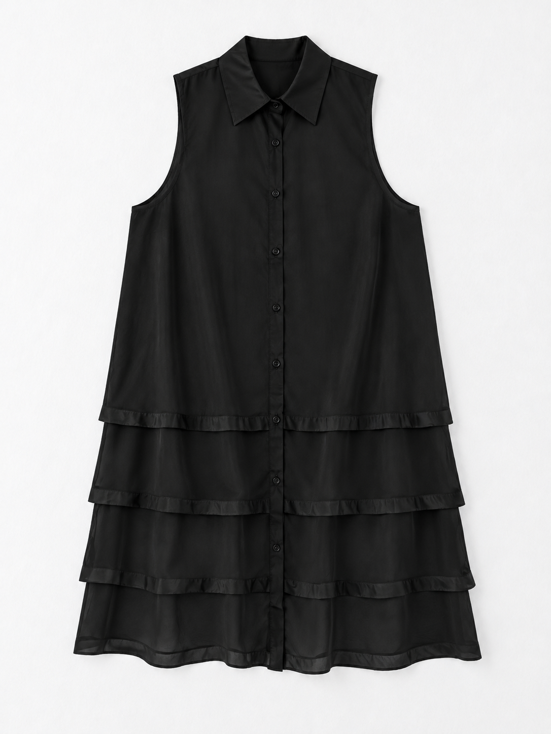 Tiered Mesh Sleeveless Shirt Dress · flat-front