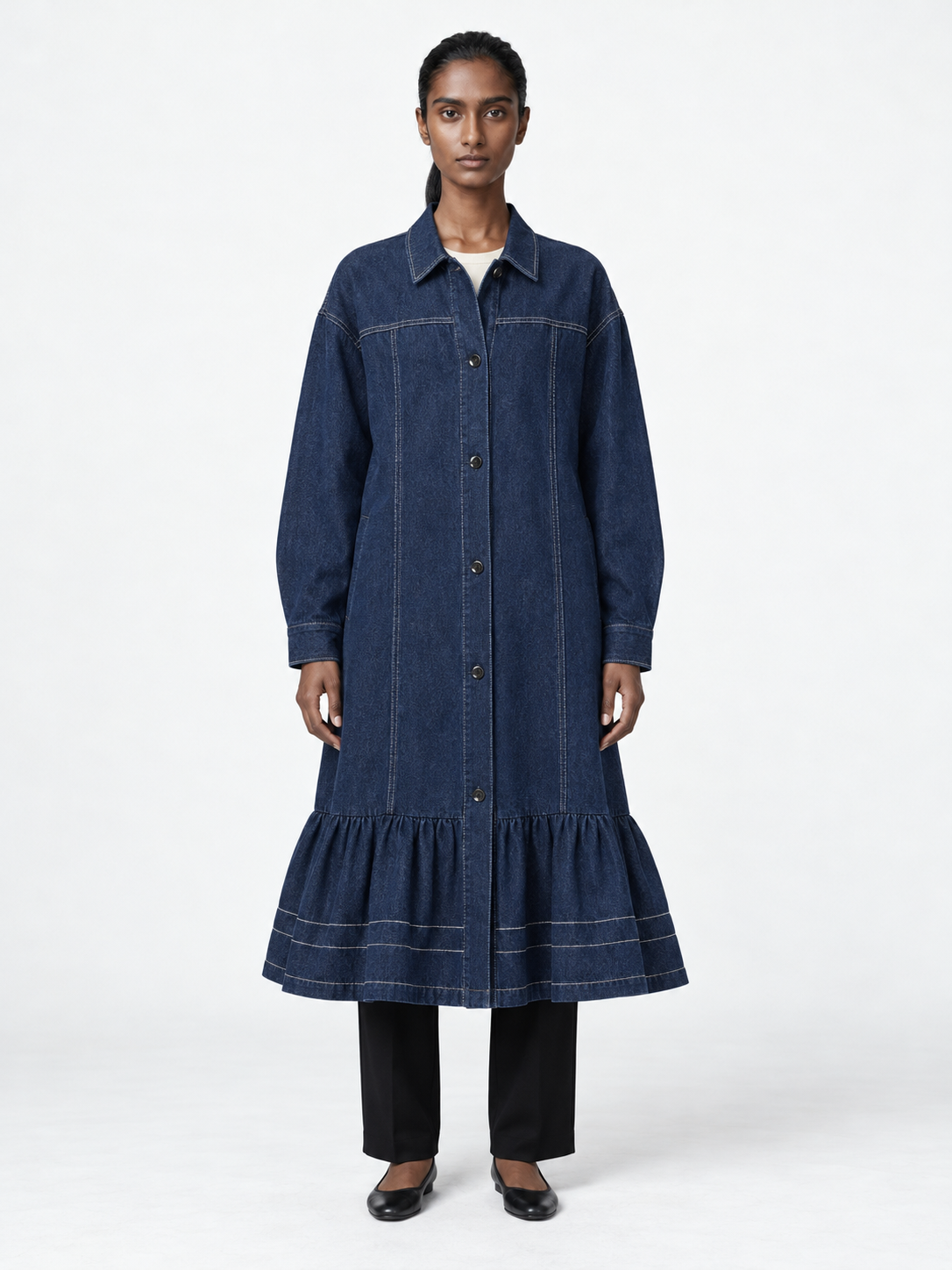 Ruffle-Hem Denim Long Coat · model-front
