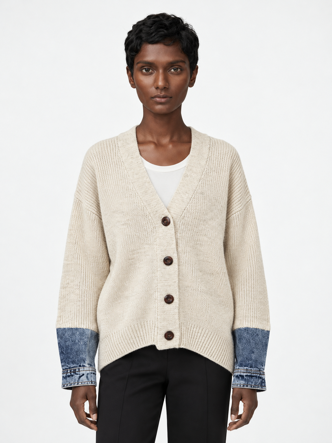 Denim-Cuff Knit Cardigan · model-front