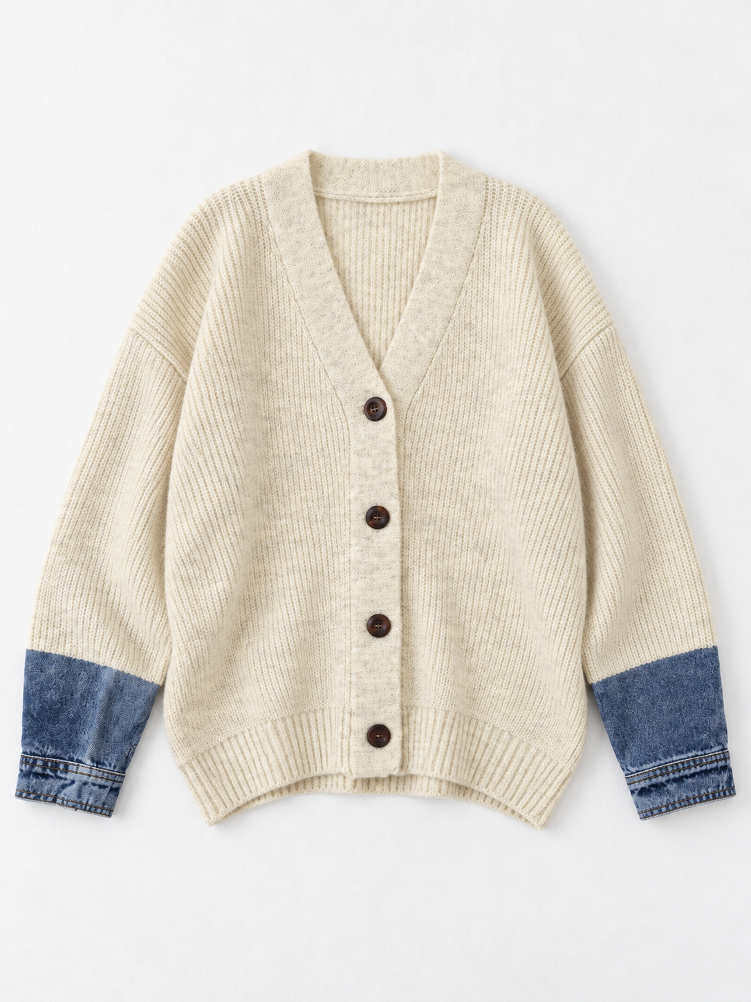 Denim-Cuff Knit Cardigan · flat-front