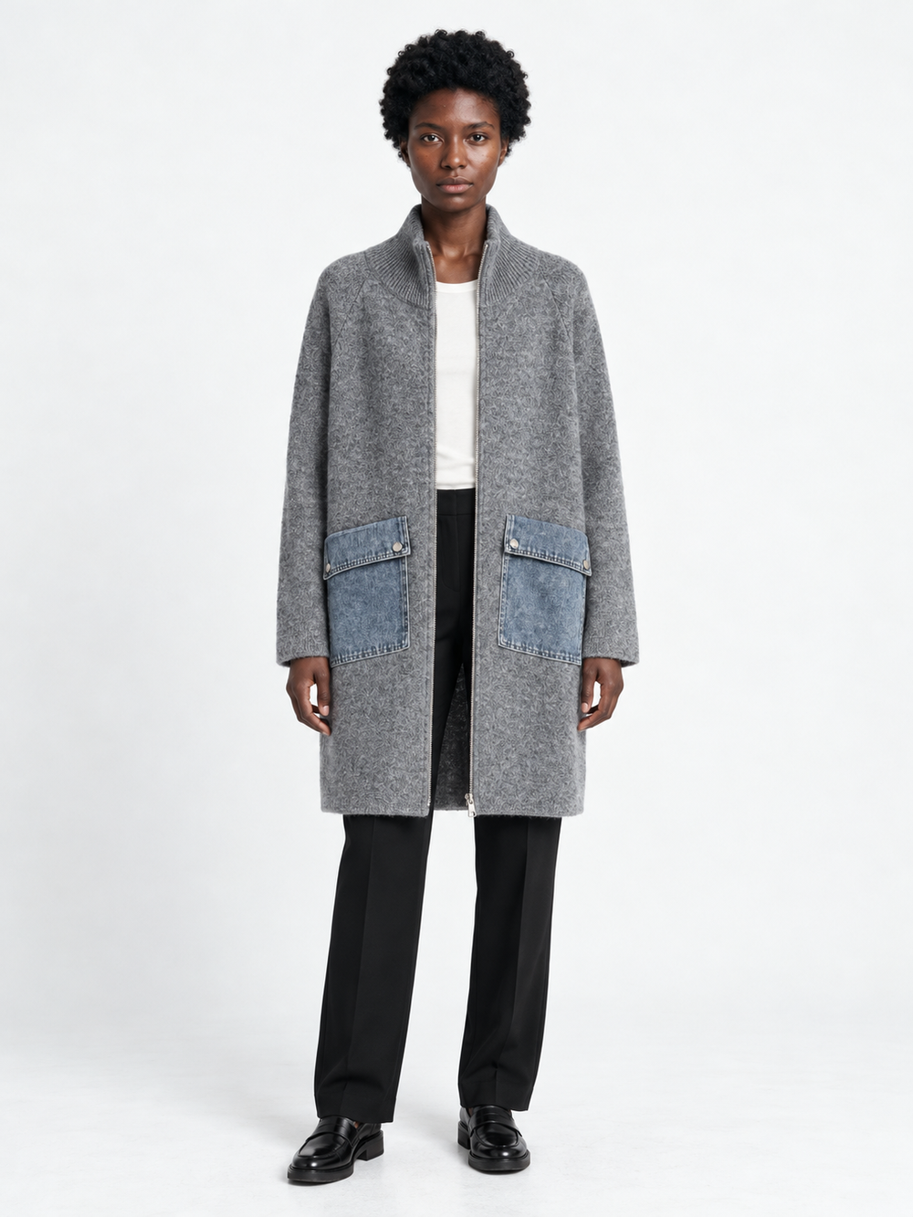 Denim-Pocket Long Zip Cardigan