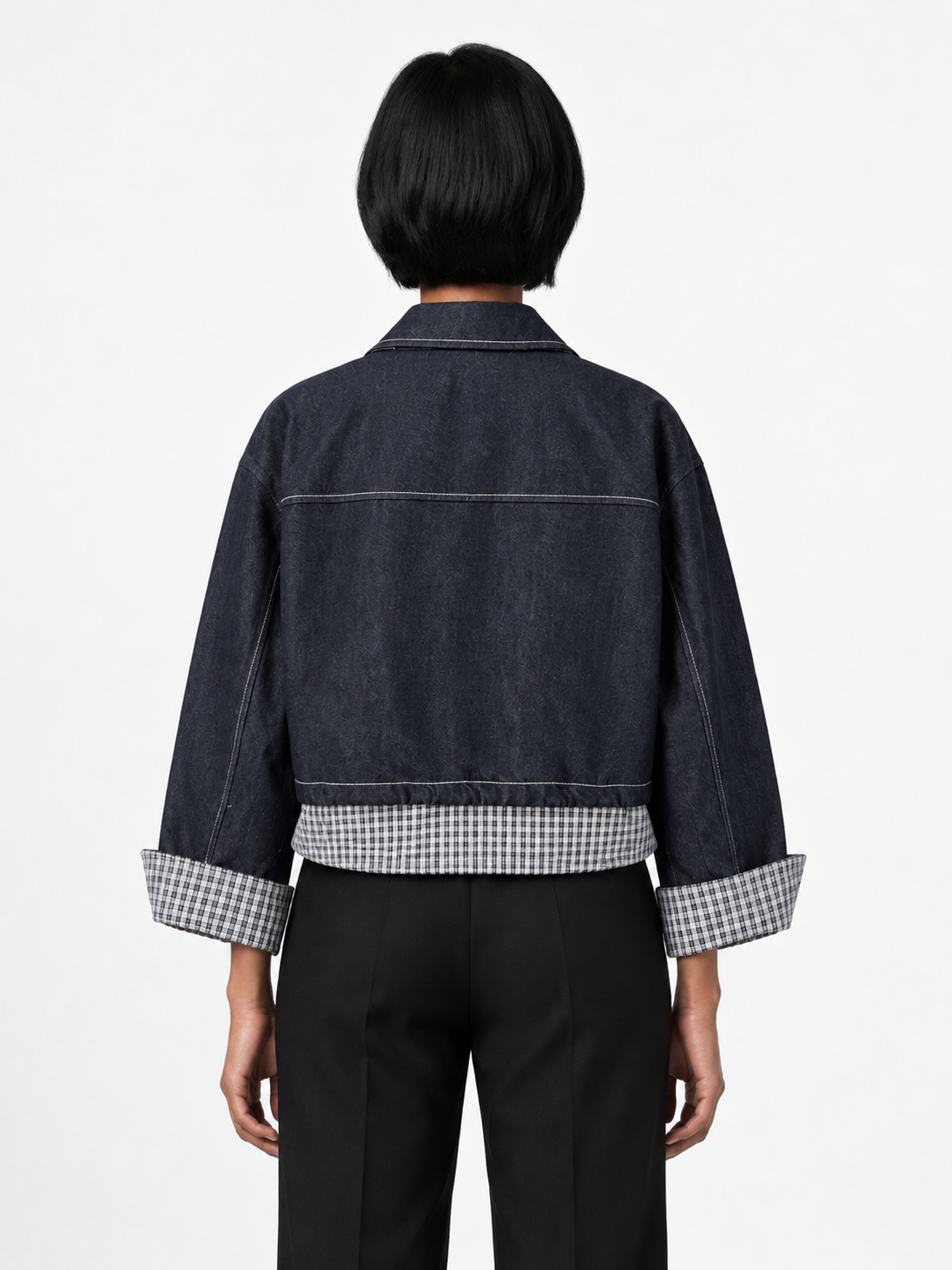Gingham-Trim Denim Jacket · model-back