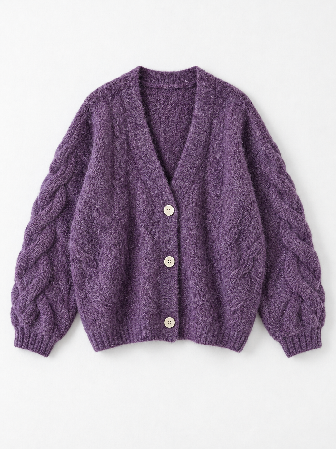Cable-Sleeve V-Neck Cardigan · flat-front