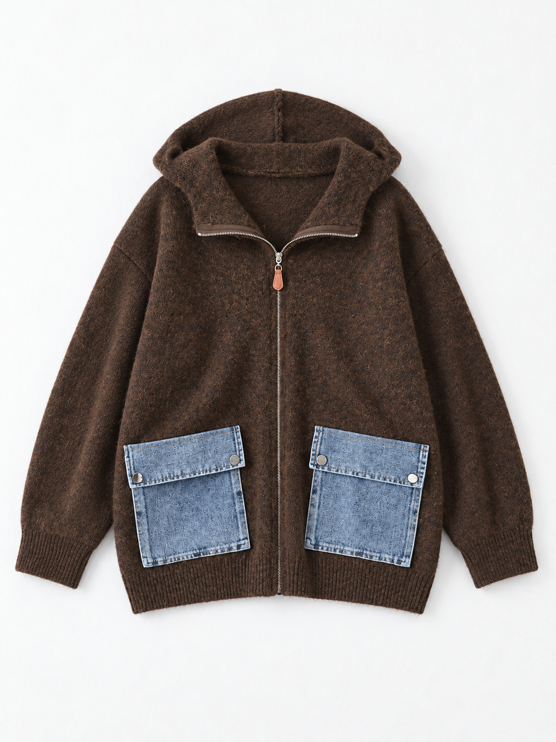 Hooded Denim-Pocket Knit Jacket · flat-front