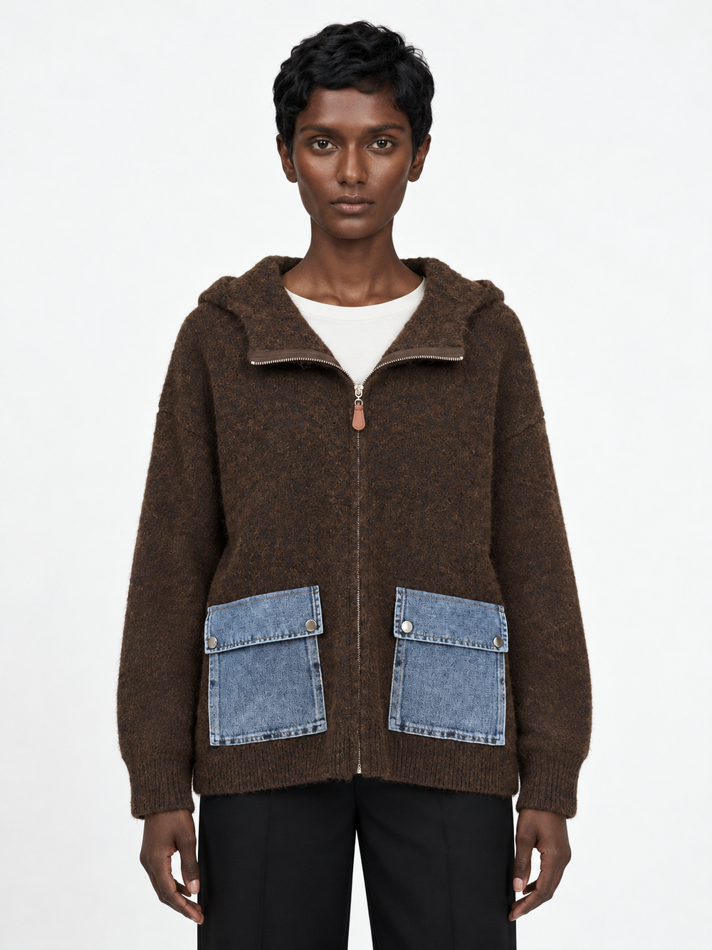 Hooded Denim-Pocket Knit Jacket