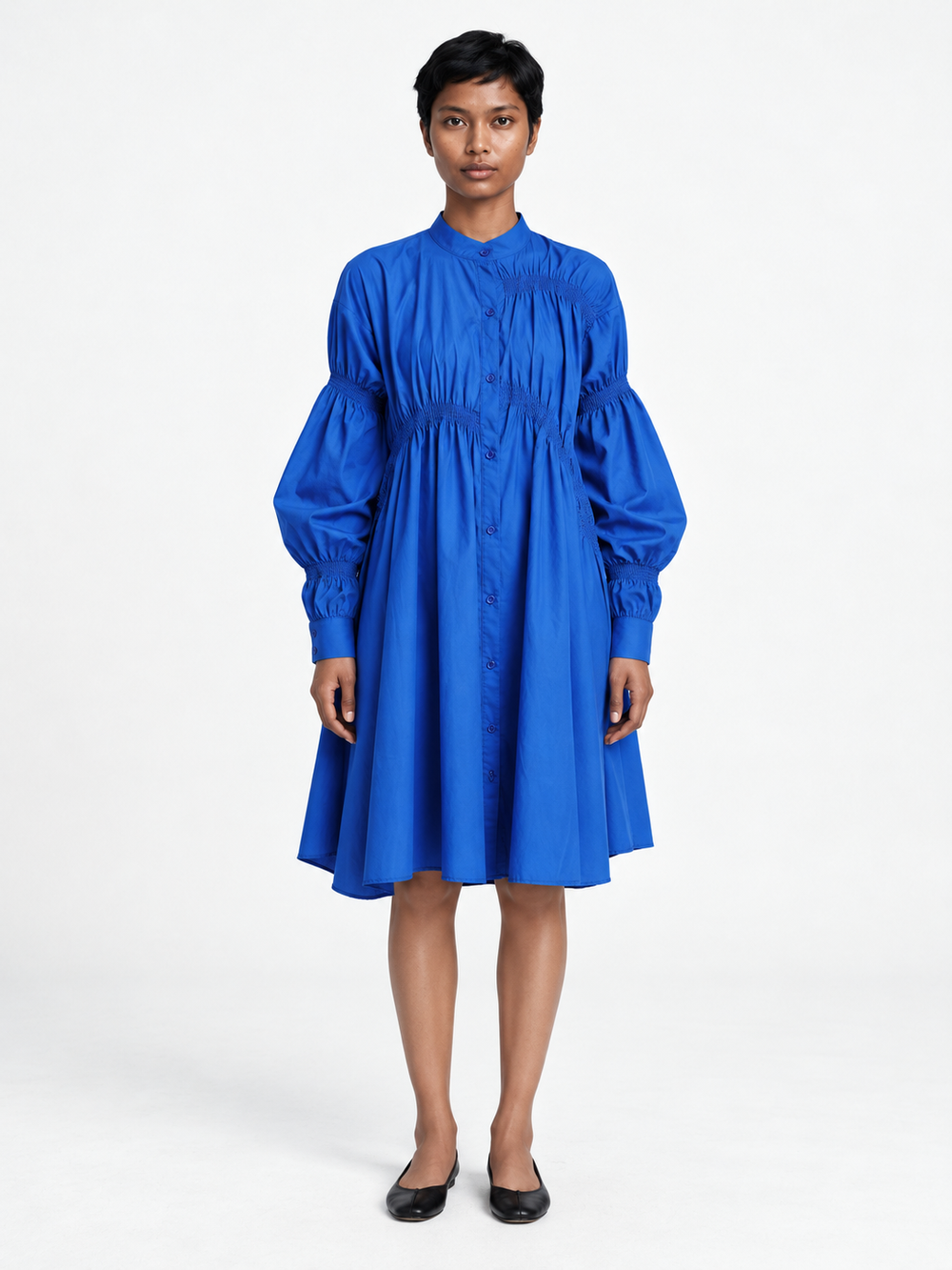 Smocked Panel Shirt Dress