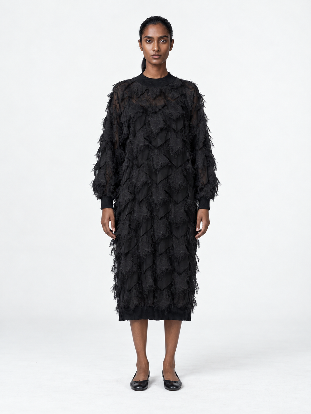 Fringed Mesh Midi Dress