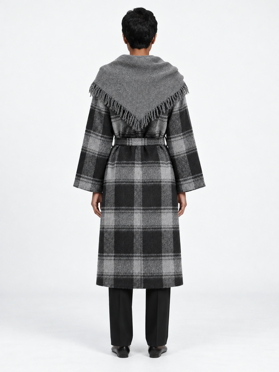 Plaid Scarf-Collar Belted Coat · model-back