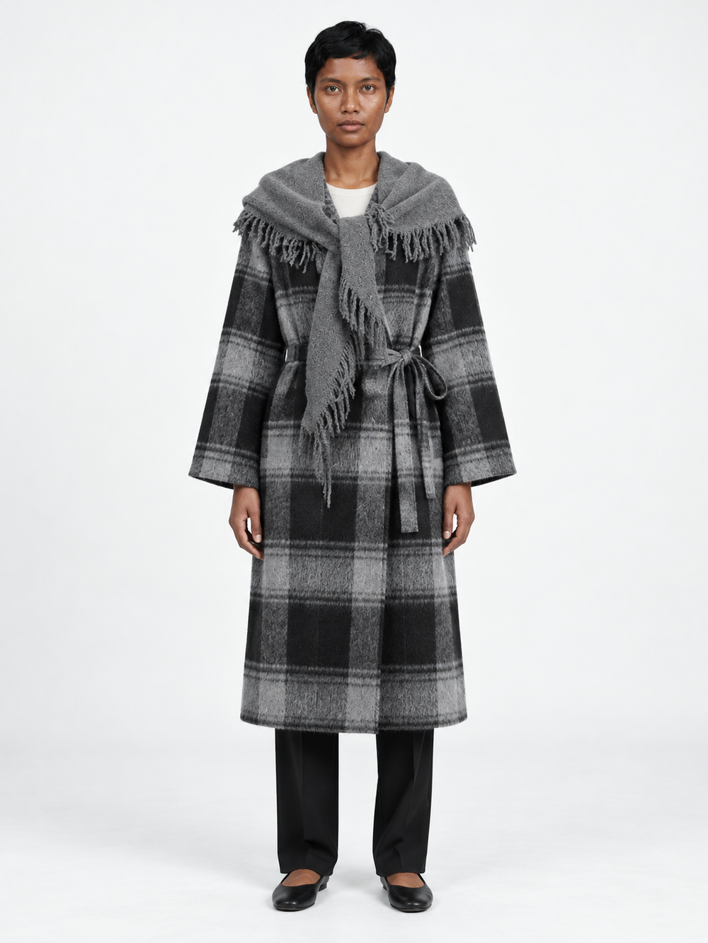 Plaid Scarf-Collar Belted Coat
