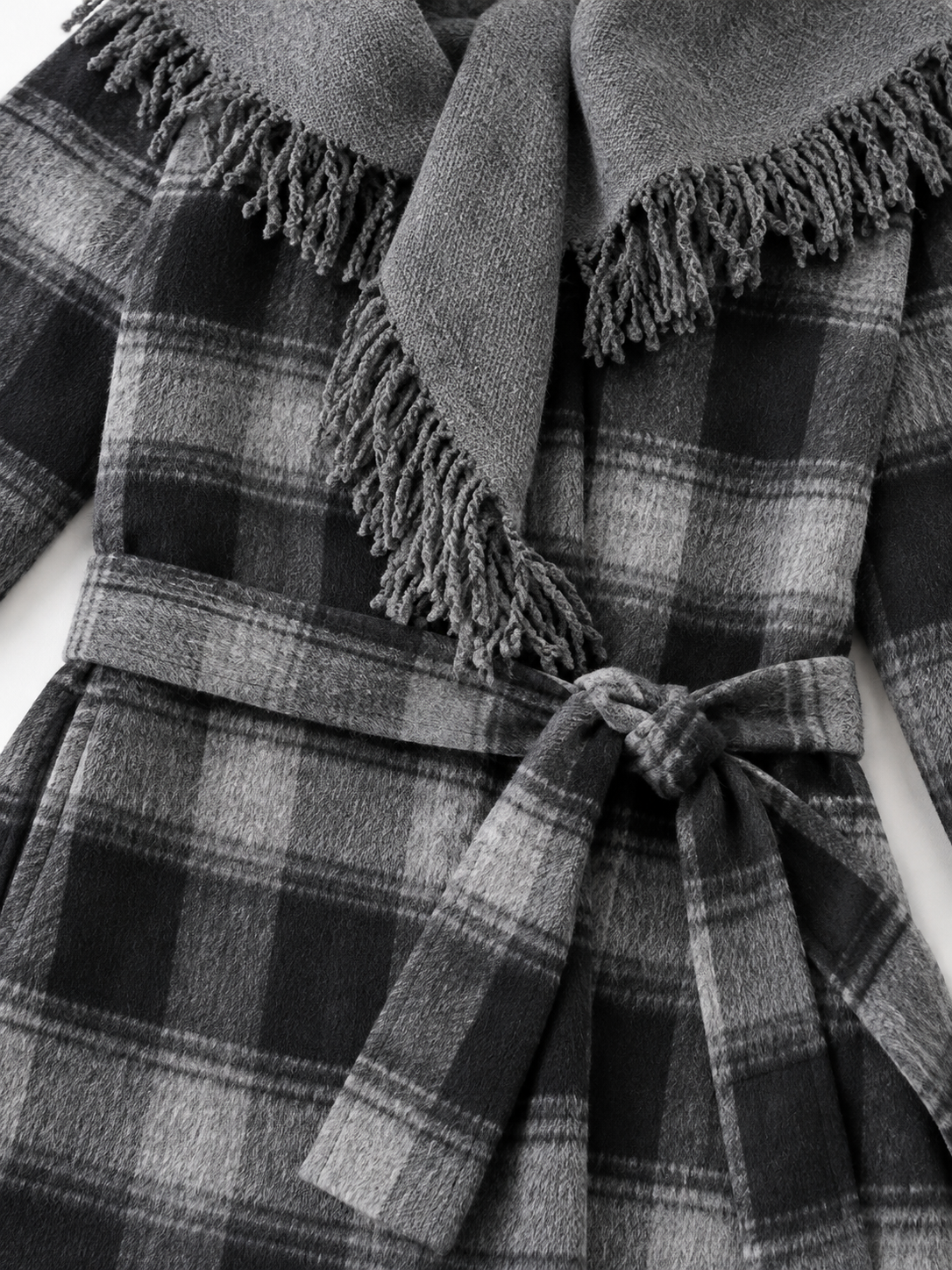 Plaid Scarf-Collar Belted Coat · detail-2