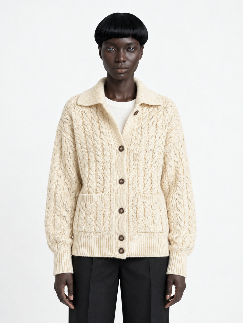 Collared Cable-Knit Cardigan