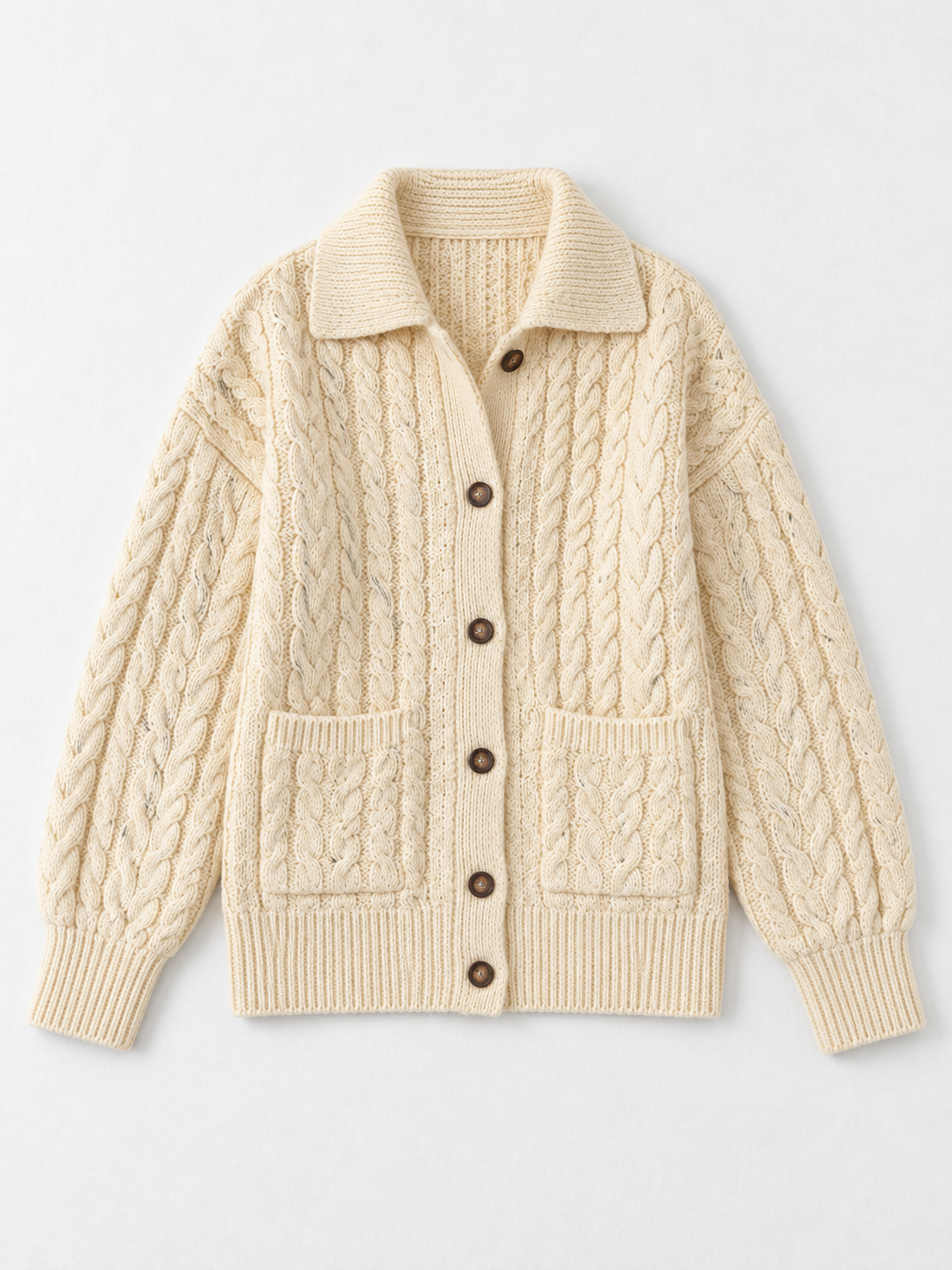 Collared Cable-Knit Cardigan · flat-front