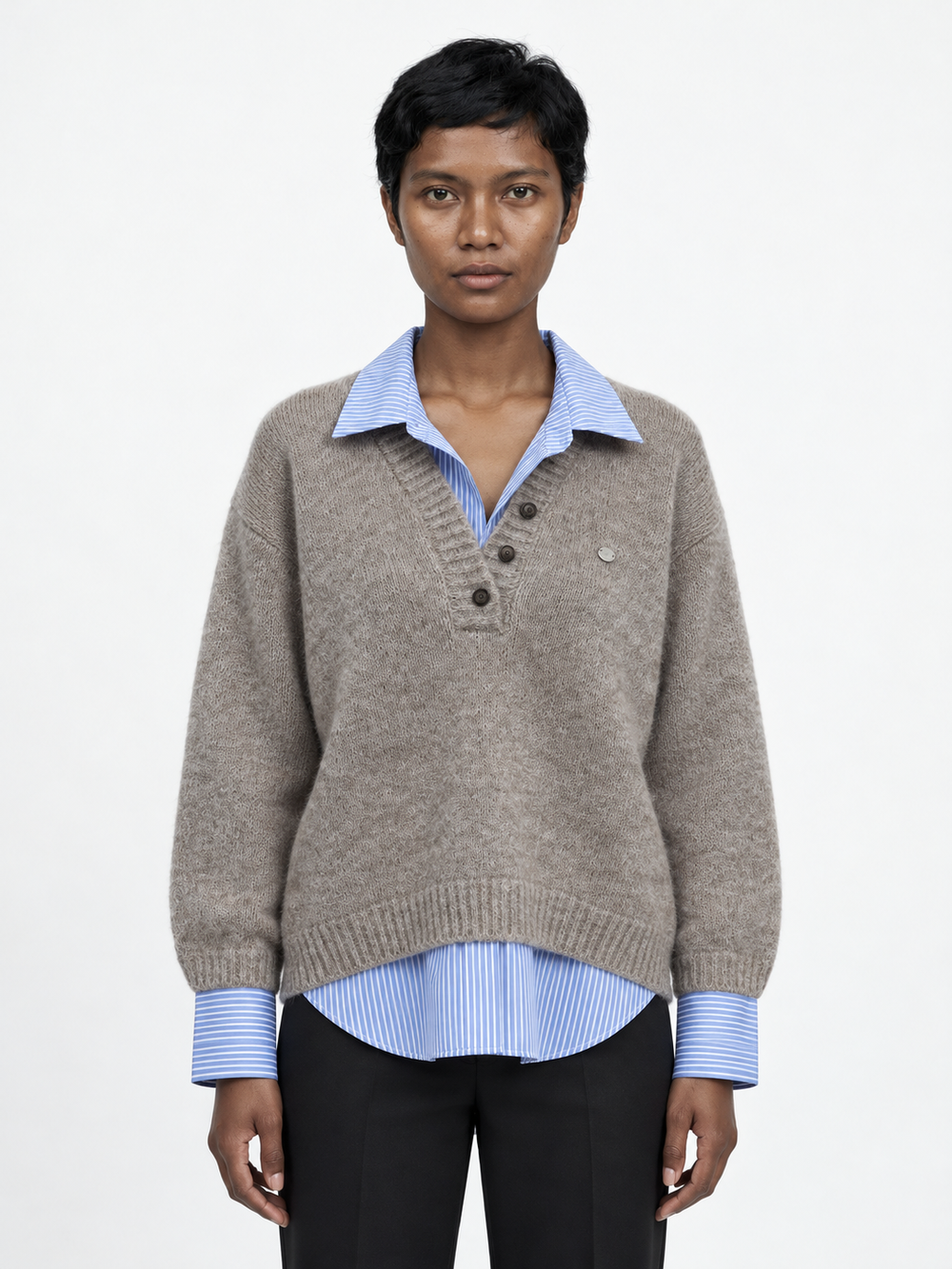 Stripe-Trim Collared Knit Sweater