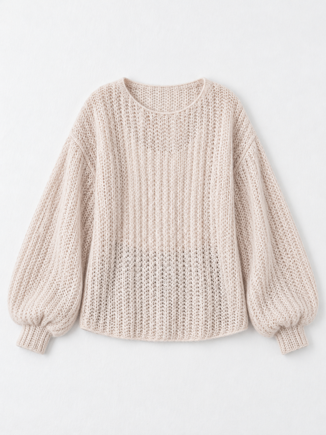 Open-Knit Lantern-Sleeve Sweater · flat-front