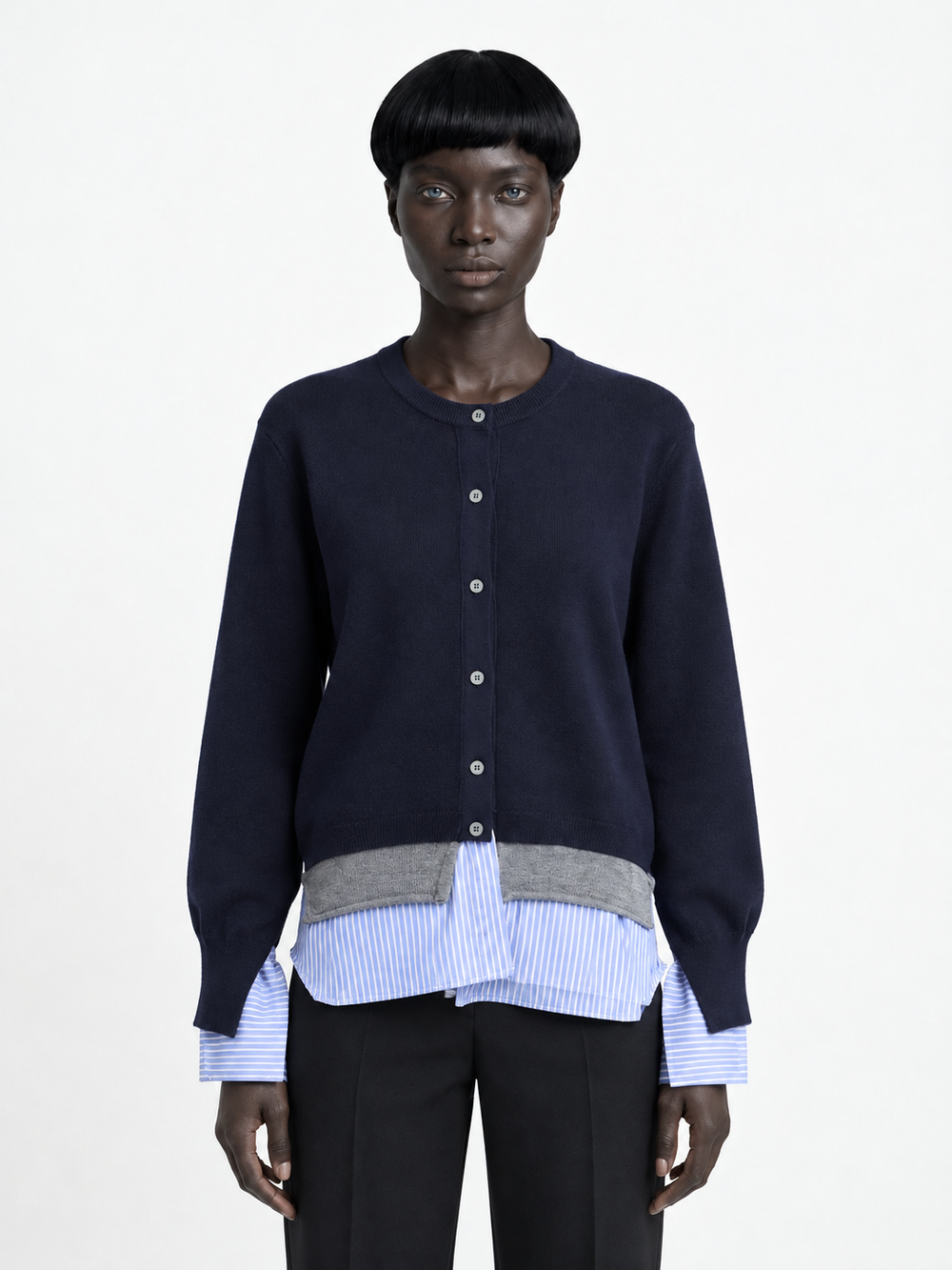 Stripe-Trim Crewneck Cardigan