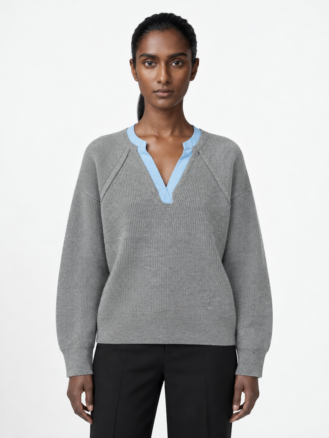Contrast Notch-Neck Knit Sweater · model-front