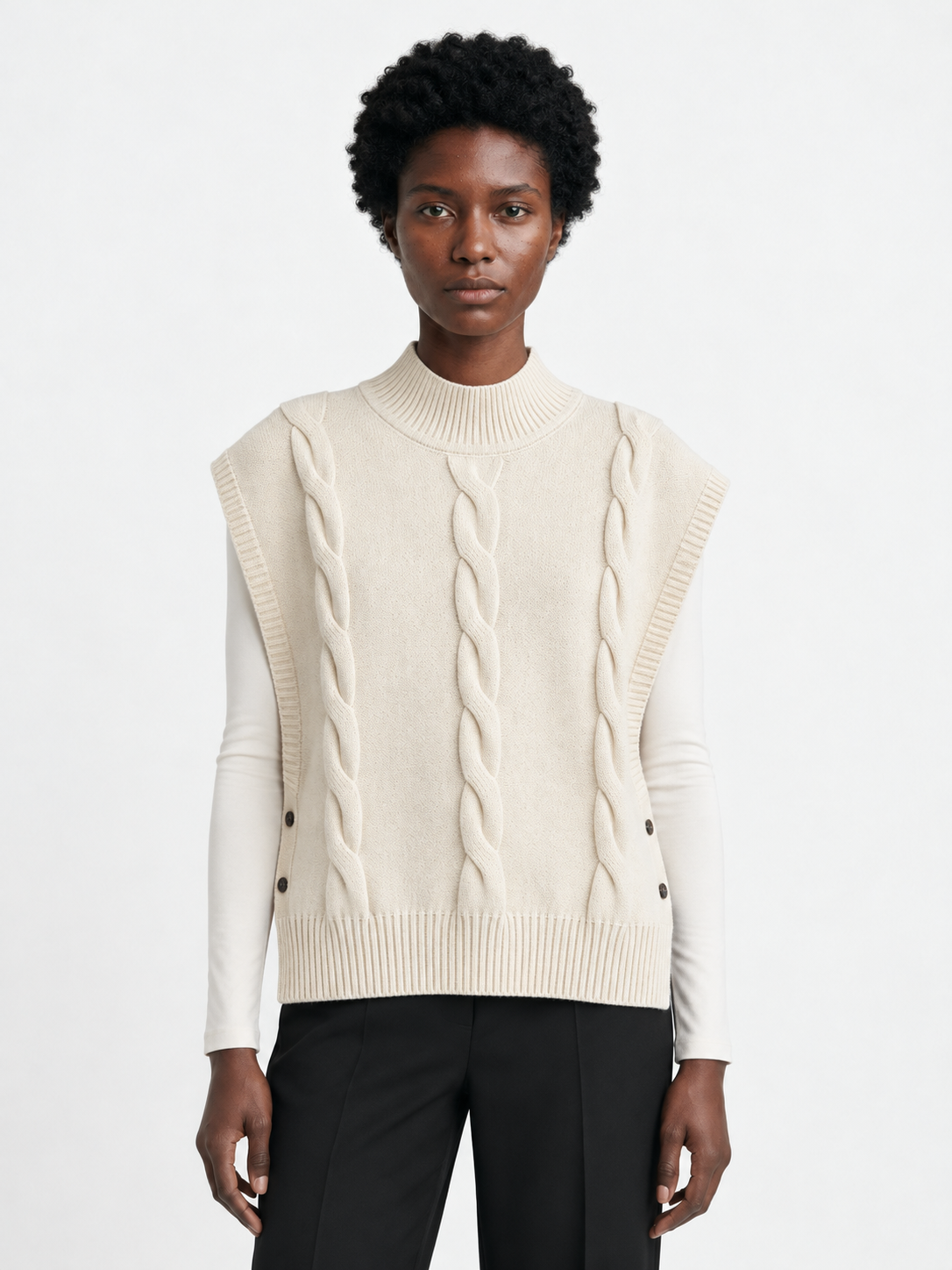 Side-Button Cable-Knit Vest · model-front