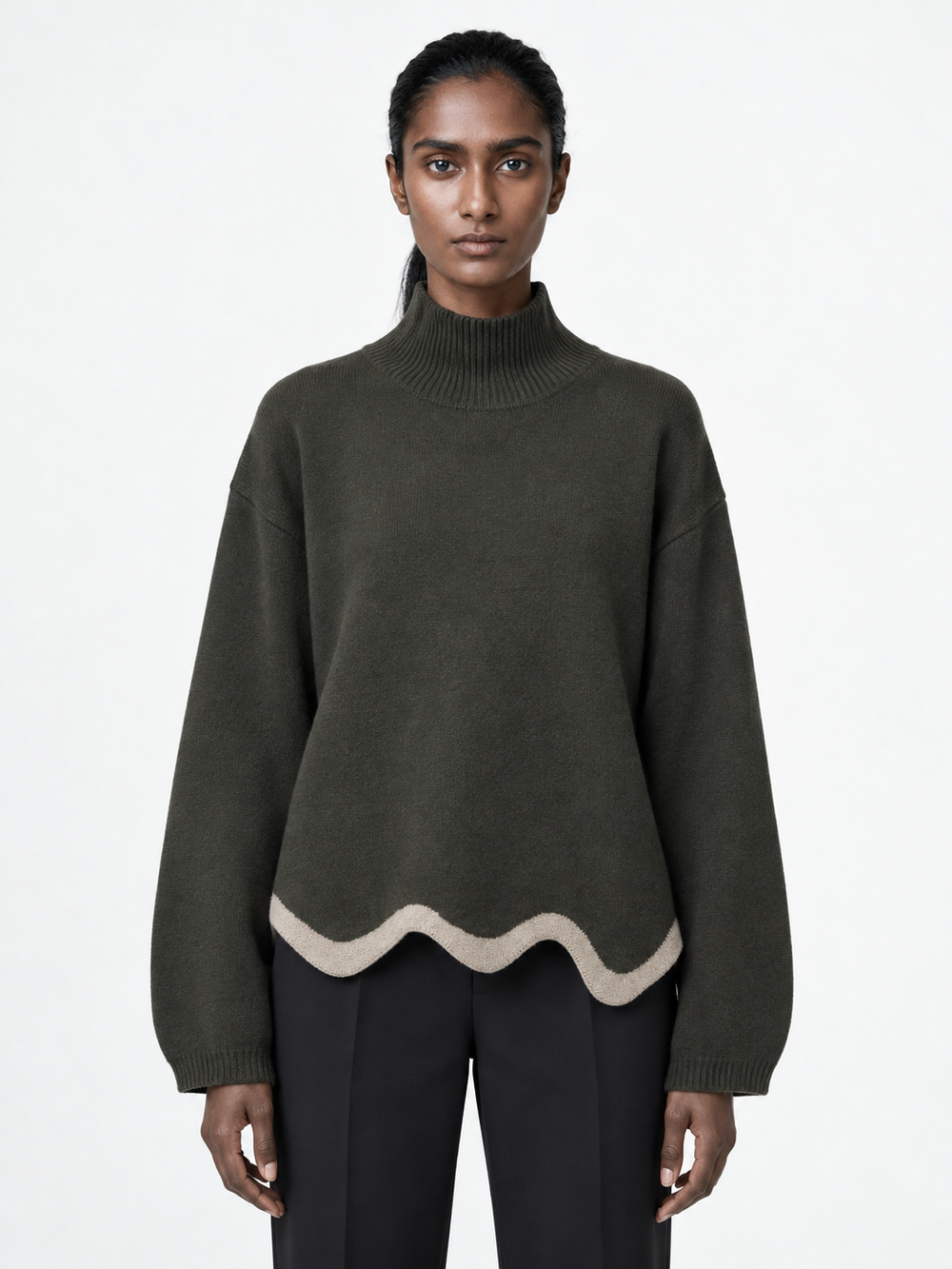 Contrast Wave-Hem Sweater