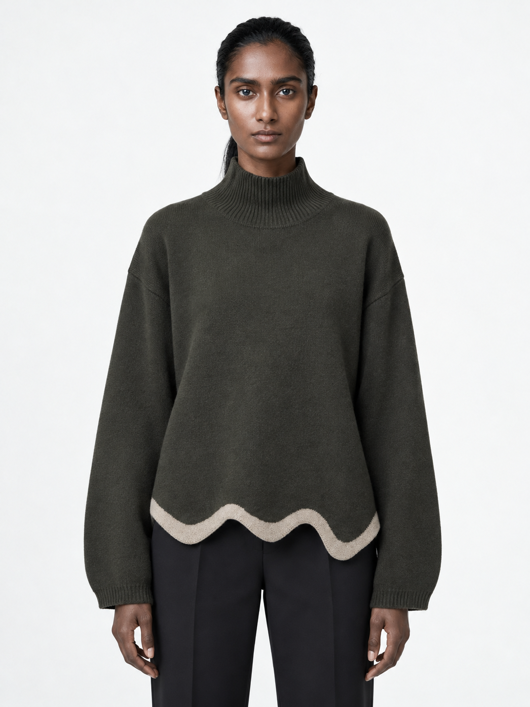 Contrast Wave-Hem Sweater · model-front