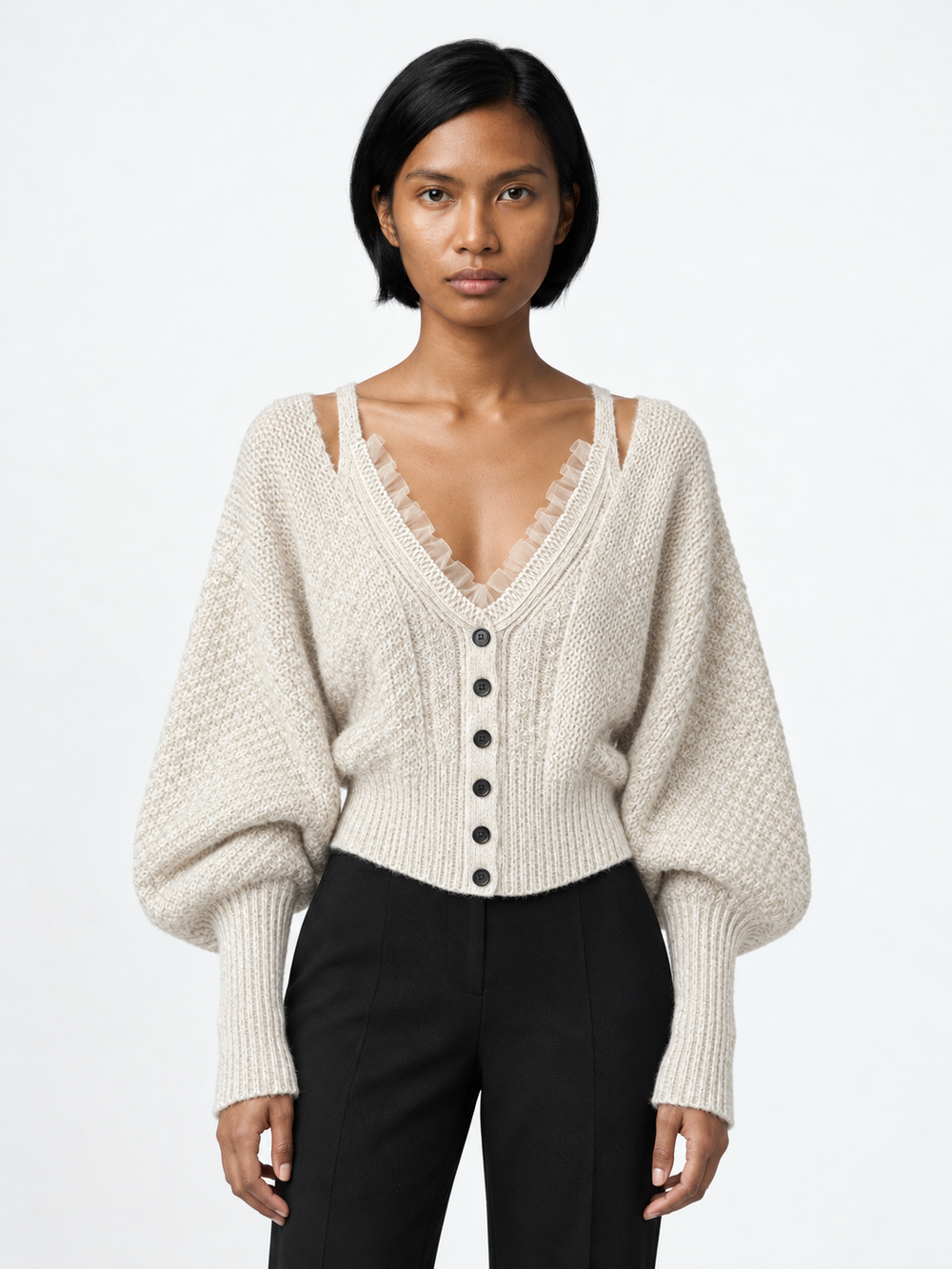 Lace-Edge Batwing Knit Cardigan