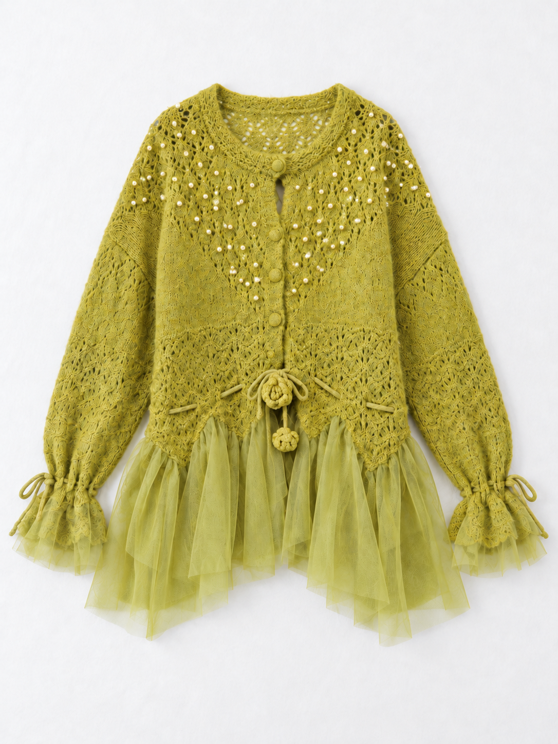 Beaded Mesh-Hem Knit Cardigan · flat-front